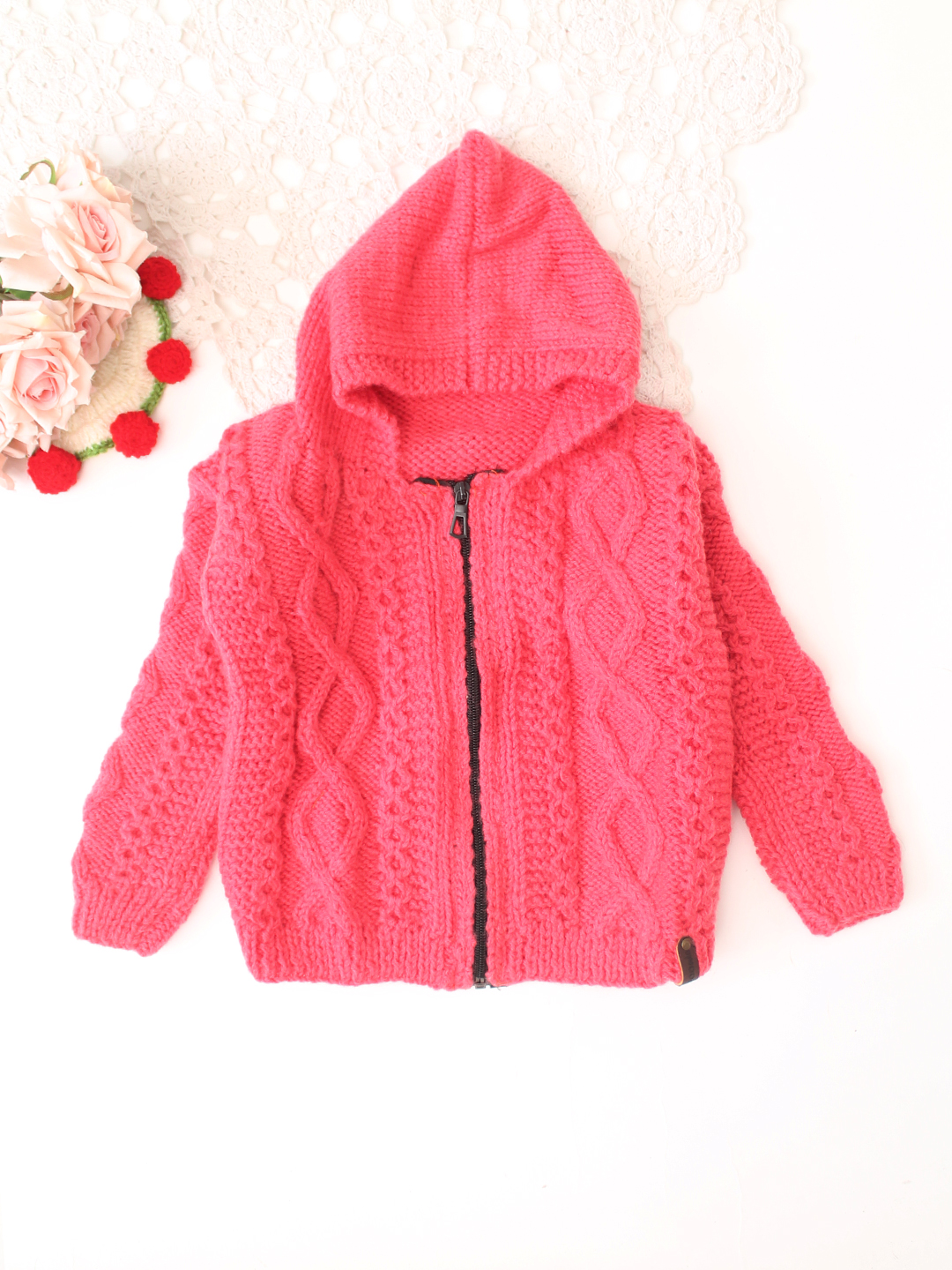 Woonie Handknitted Full Sleeves Cable Knit Cardigan - Pink