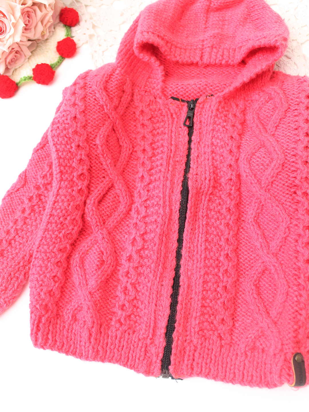 Woonie Handknitted Full Sleeves Cable Knit Cardigan - Pink