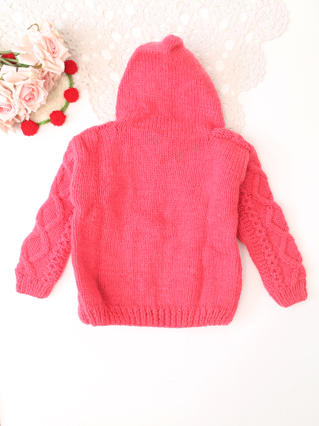 Woonie Handknitted Full Sleeves Cable Knit Cardigan - Pink