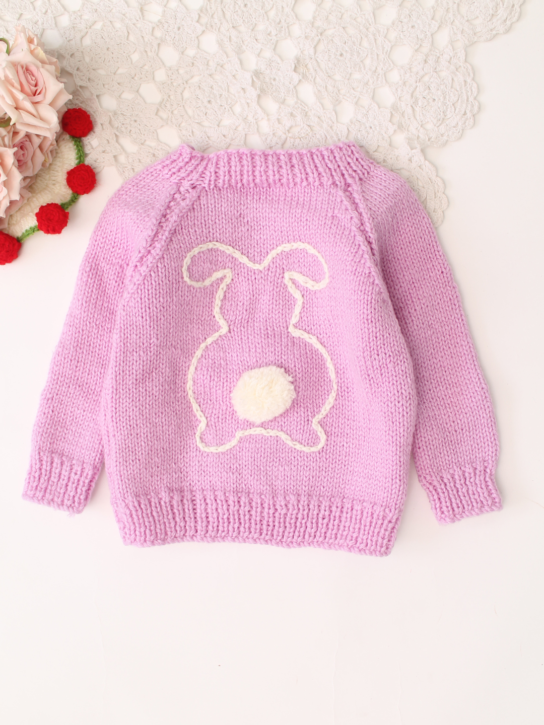 Woonie Handknitted Full Sleeves Bunny Embroidered Pullover - Lavender