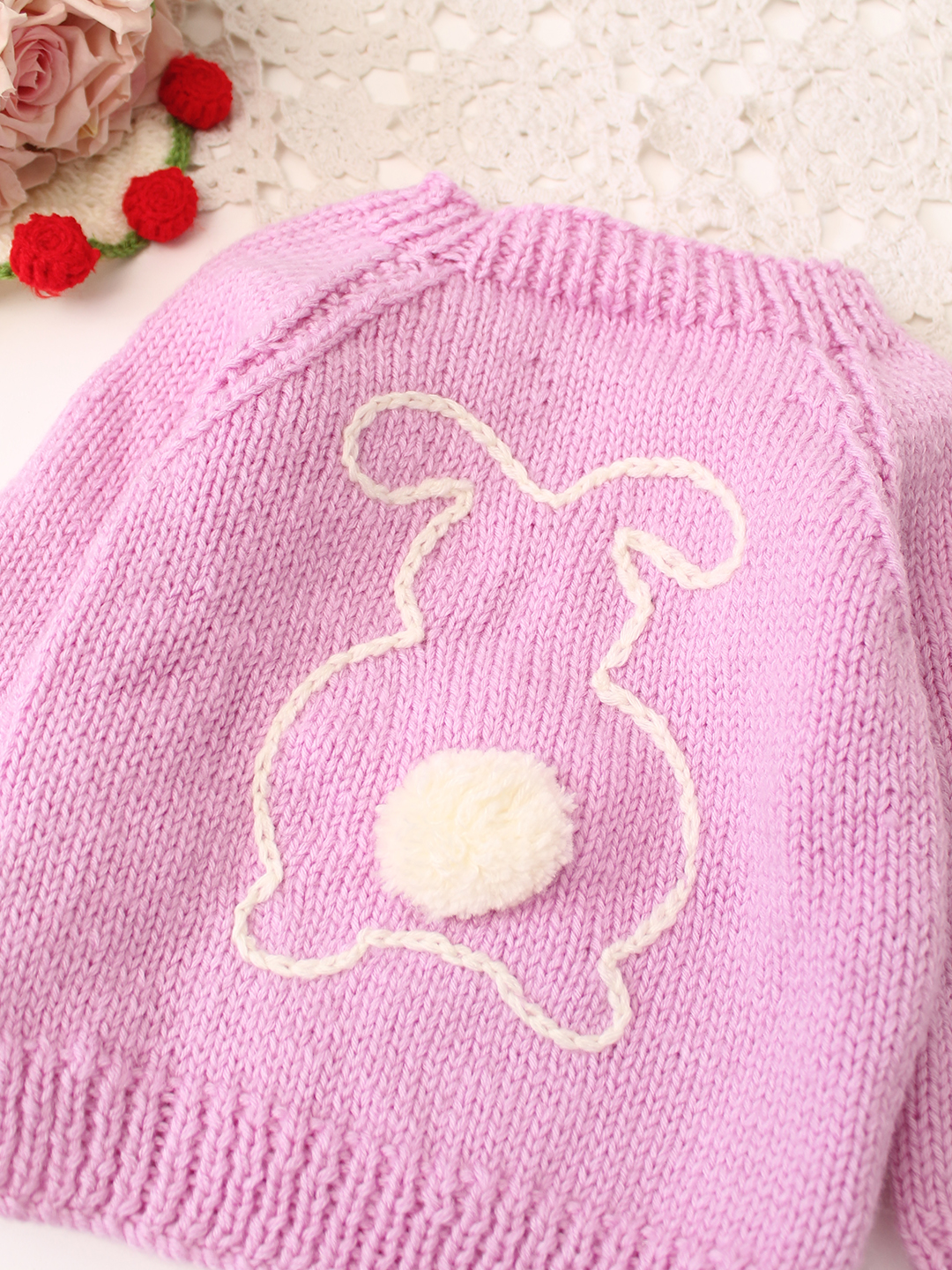 Woonie Handknitted Full Sleeves Bunny Embroidered Pullover - Lavender