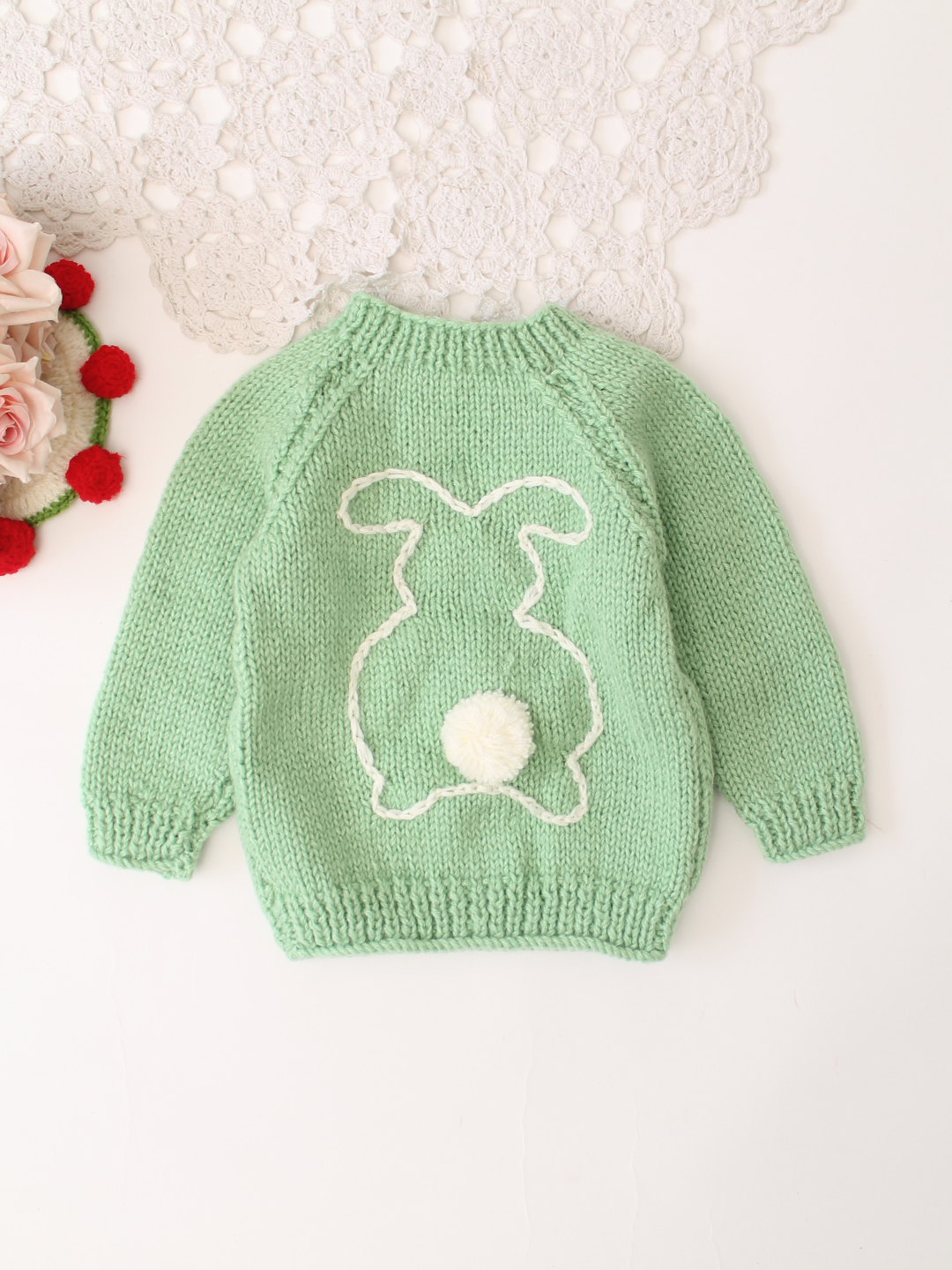 Woonie Handknitted Full Sleeves Bunny Embroidered Pullover - Green