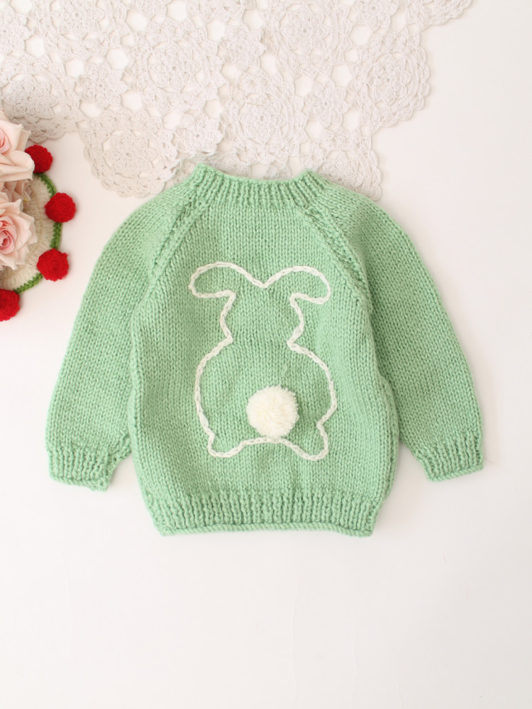 Image of Woonie Handknitted Full Sleeves Bunny Embroidered Pullover - Green