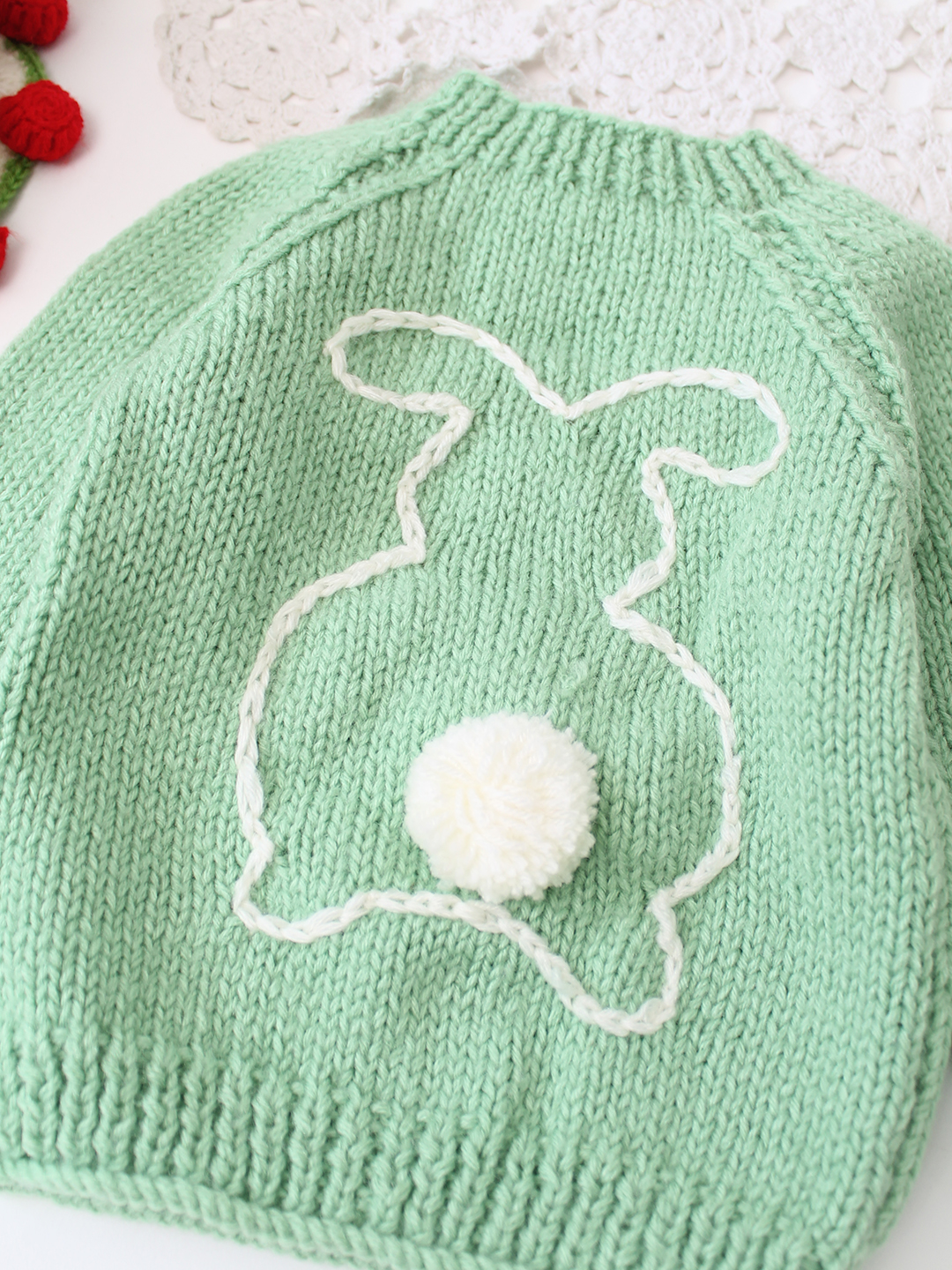 Woonie Handknitted Full Sleeves Bunny Embroidered Pullover - Green