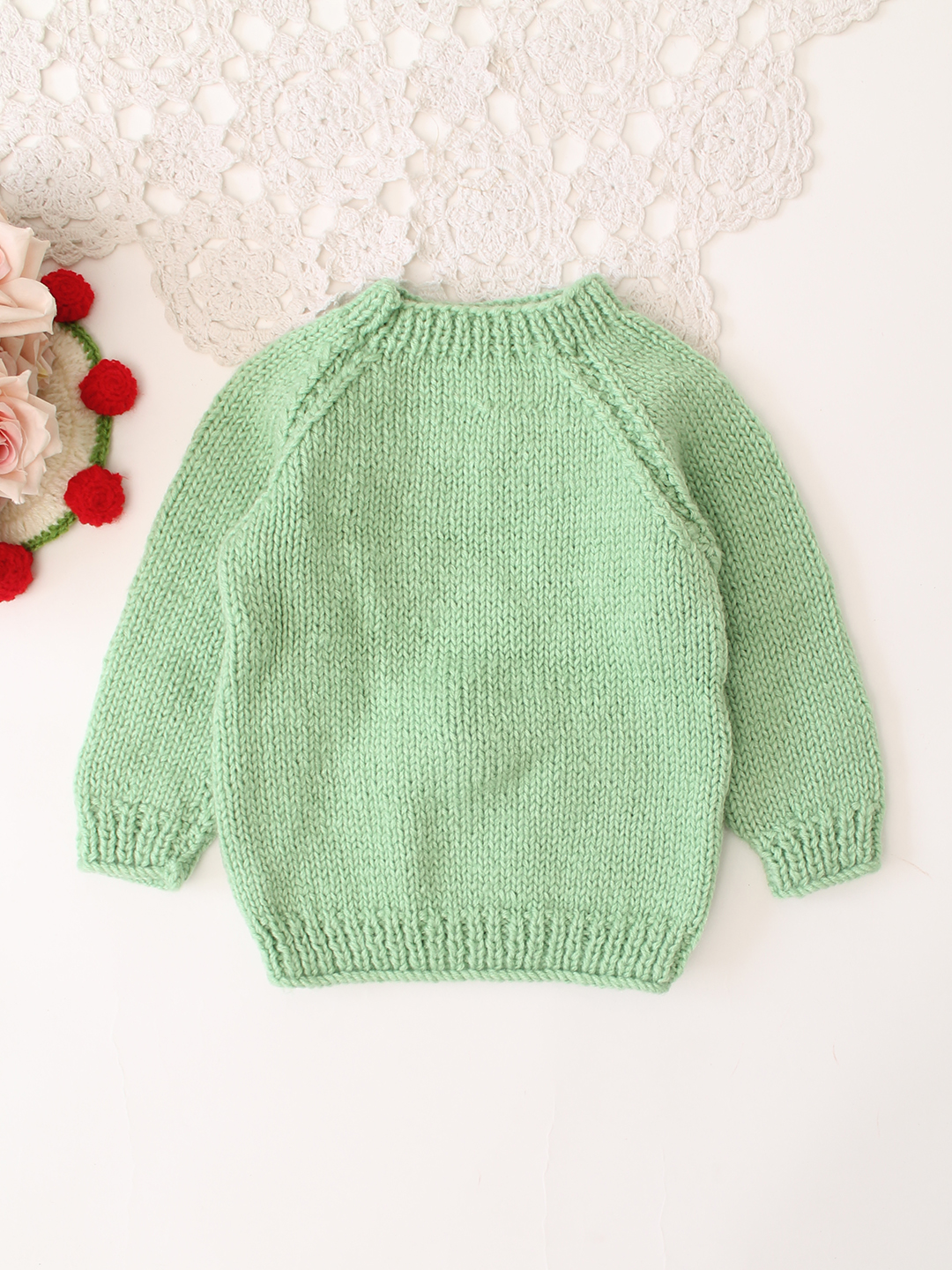 Woonie Handknitted Full Sleeves Bunny Embroidered Pullover - Green