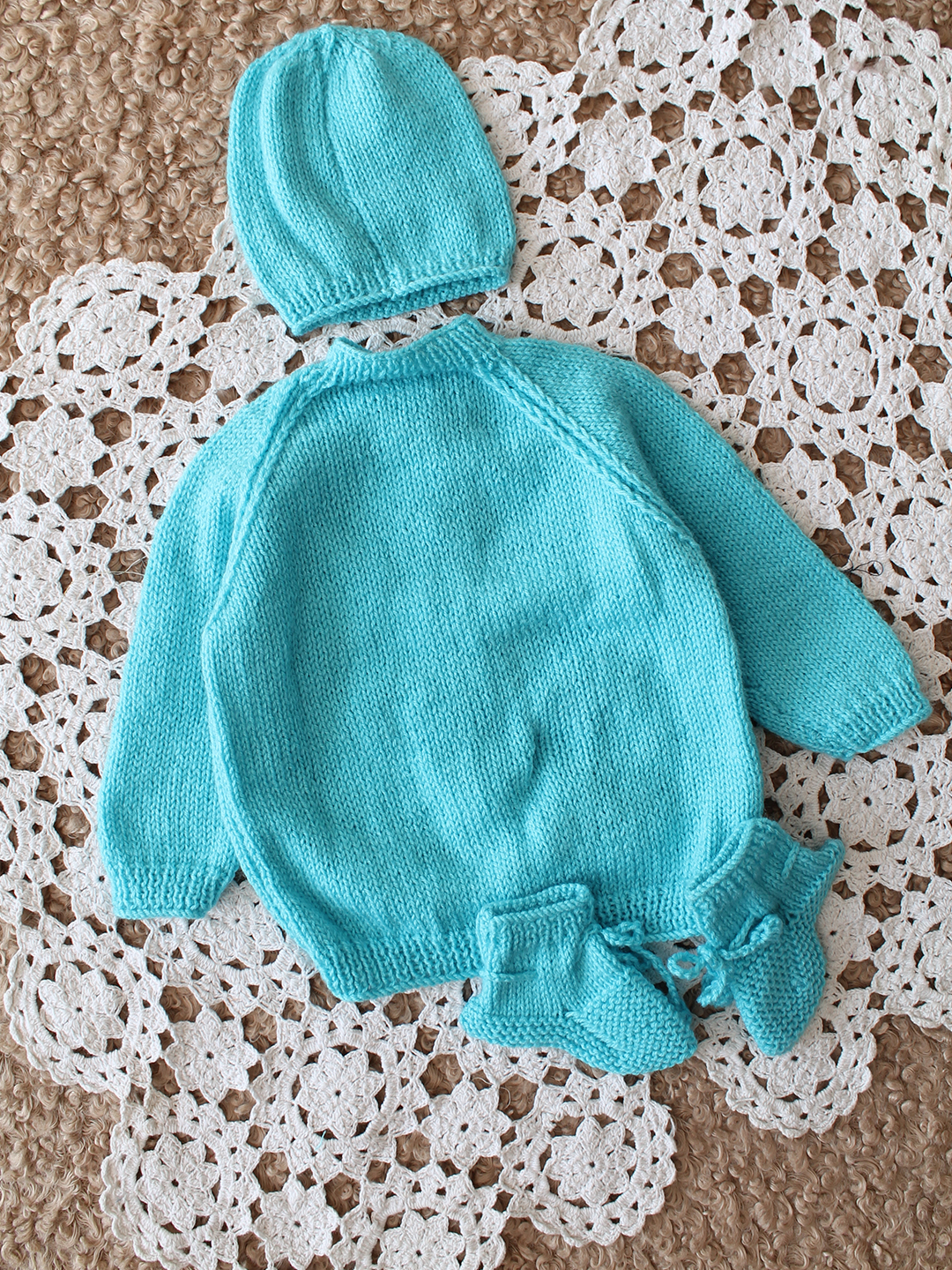 Woonie Handknitted Full Sleeves Floral Applique Cardigan Set with Cap and Booties - Light Blue