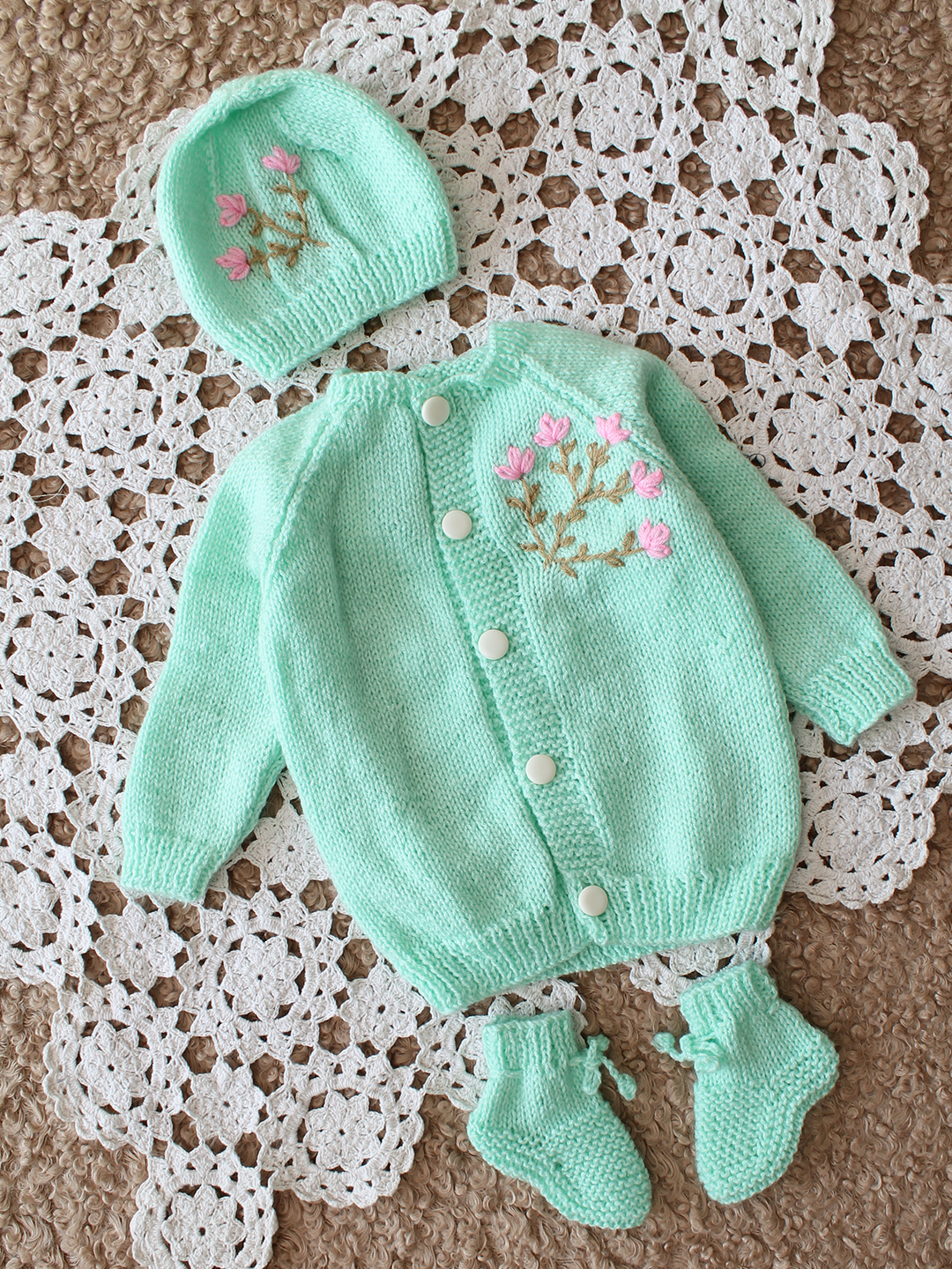 Woonie Handknitted Full Sleeves Embroidered Cardigan with Cap and Booties - Light Green