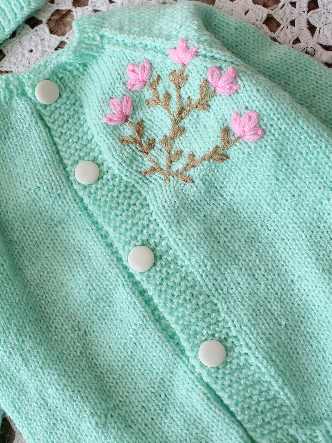 Woonie Handknitted Full Sleeves Embroidered Cardigan with Cap and Booties - Light Green