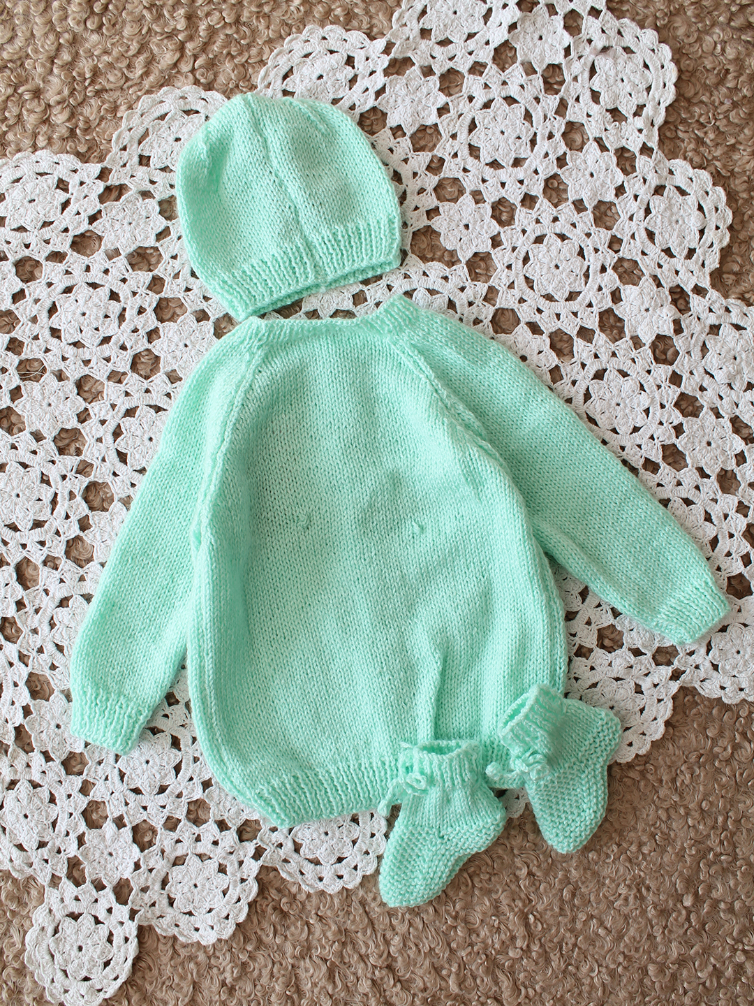 Woonie Handknitted Full Sleeves Embroidered Cardigan with Cap and Booties - Light Green