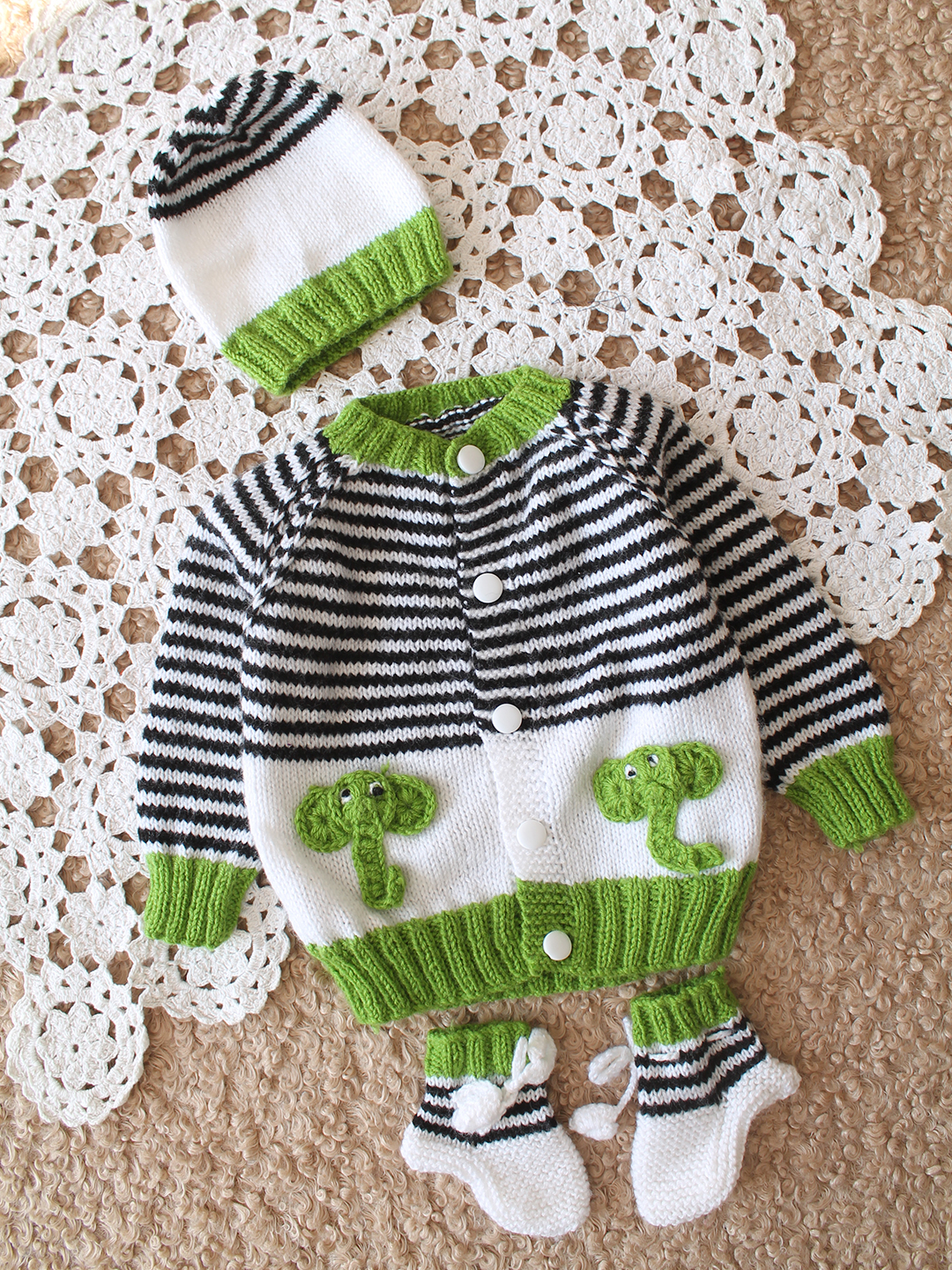 Woonie Handknitted Full Sleeves Striped Design Cardigan with Cap and Booties - Multicolor