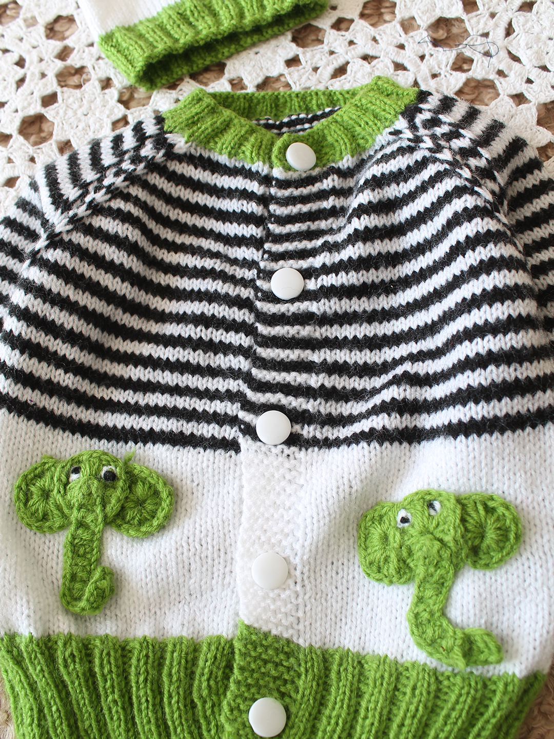 Woonie Handknitted Full Sleeves Striped Design Cardigan with Cap and Booties - Multicolor