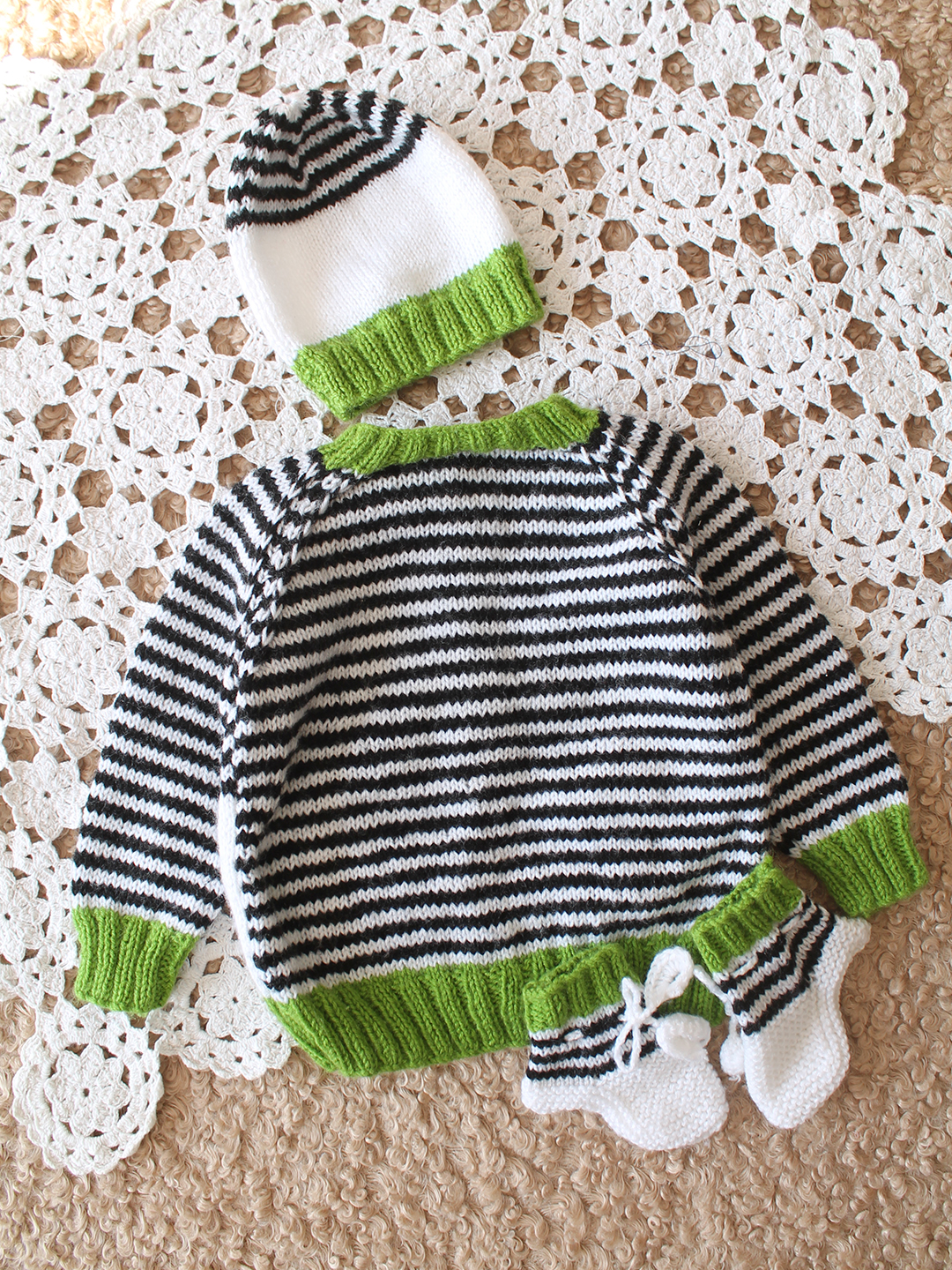 Woonie Handknitted Full Sleeves Striped Design Cardigan with Cap and Booties - Multicolor
