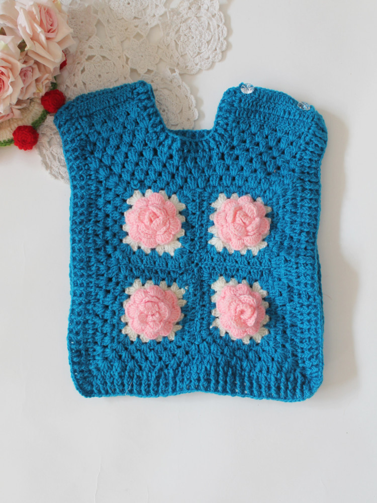 Image of Woonie Handknitted Sleeveless Rose Detailed Pullover - Blue