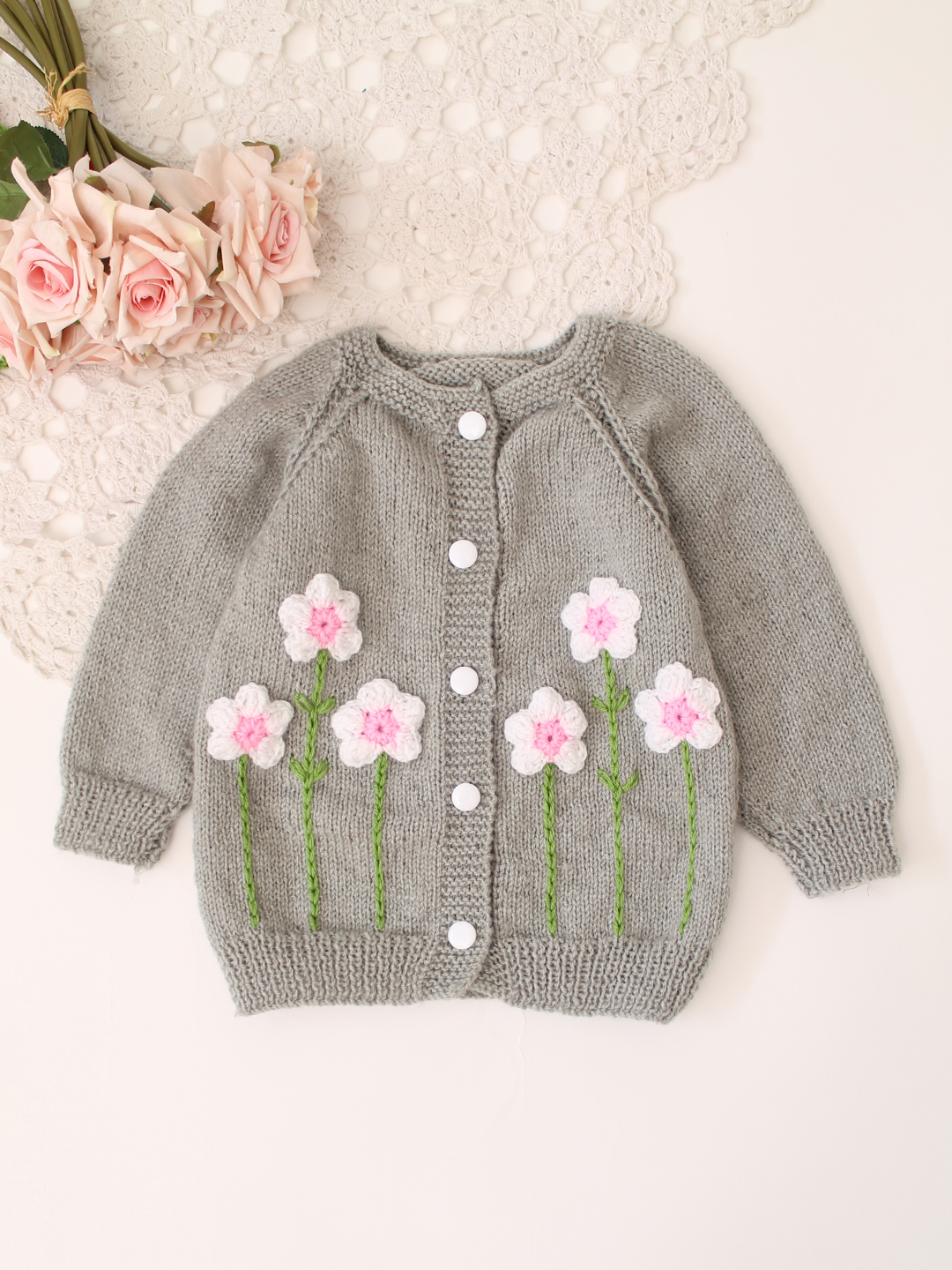 Woonie Handknitted Full Sleeves Floral Design Cardigan - Grey
