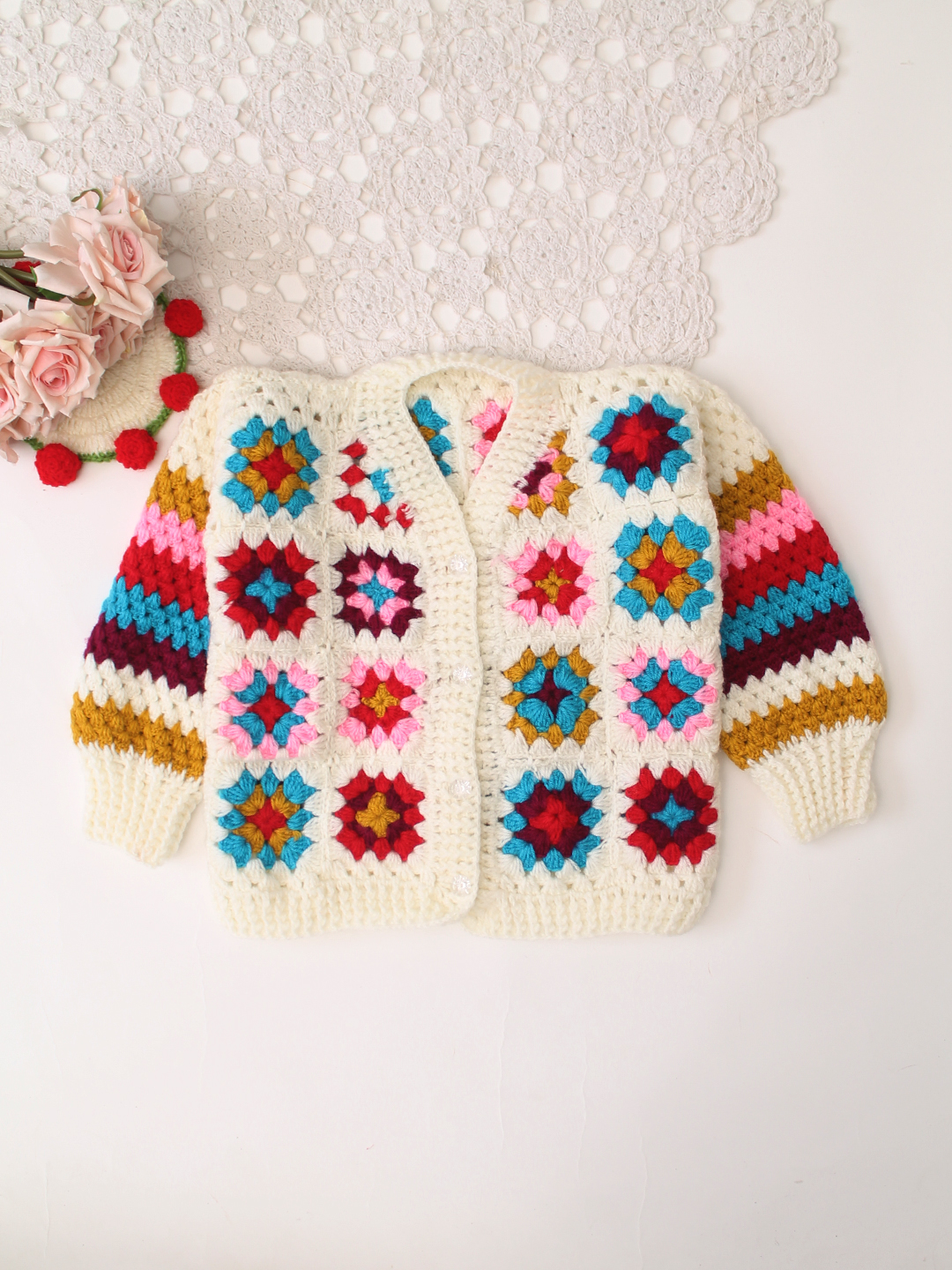Woonie Handknitted Full Sleeves Granny Square Cardigan - Multicolor