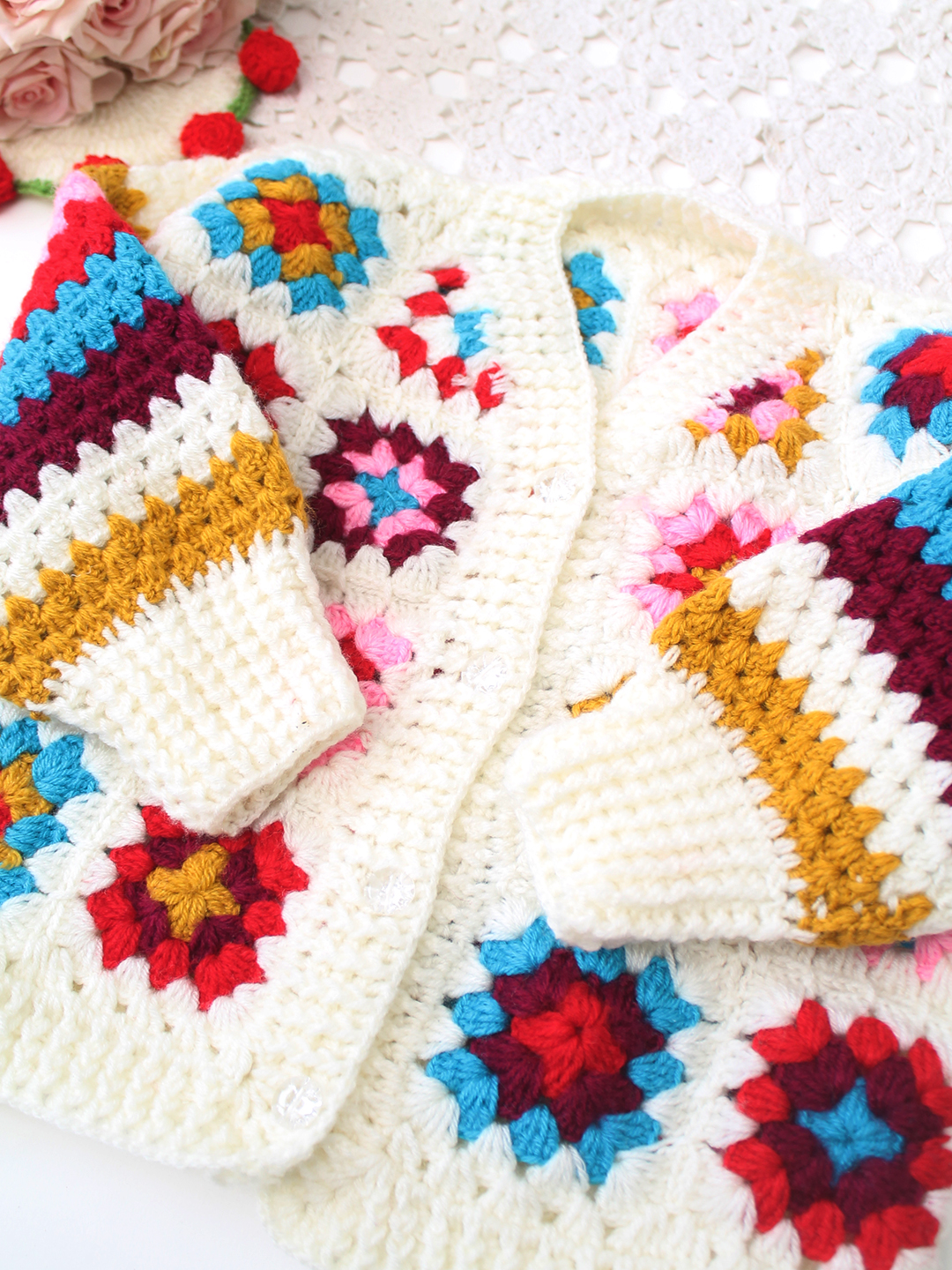 Woonie Handknitted Full Sleeves Granny Square Cardigan - Multicolor