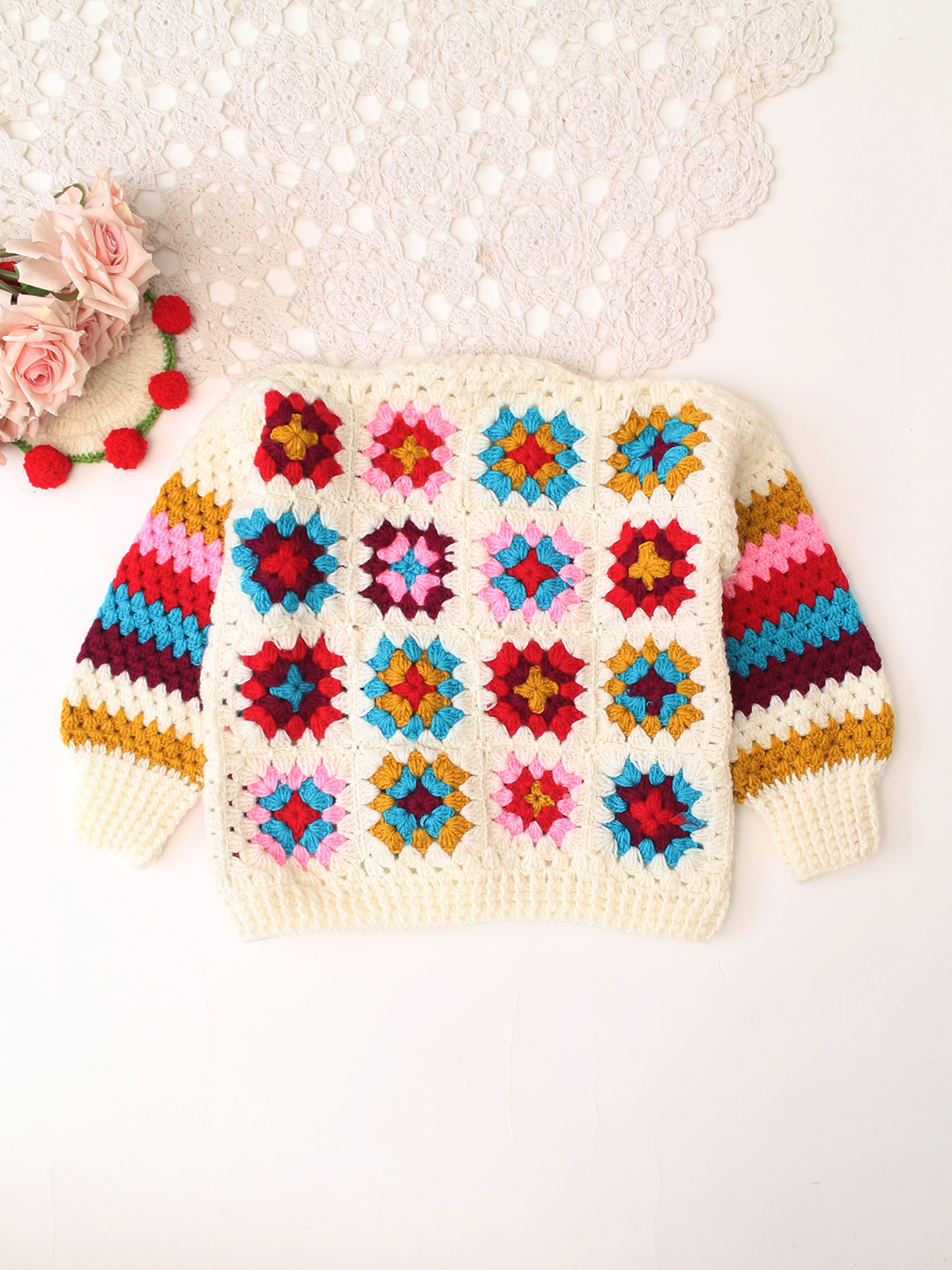 Woonie Handknitted Full Sleeves Granny Square Cardigan - Multicolor