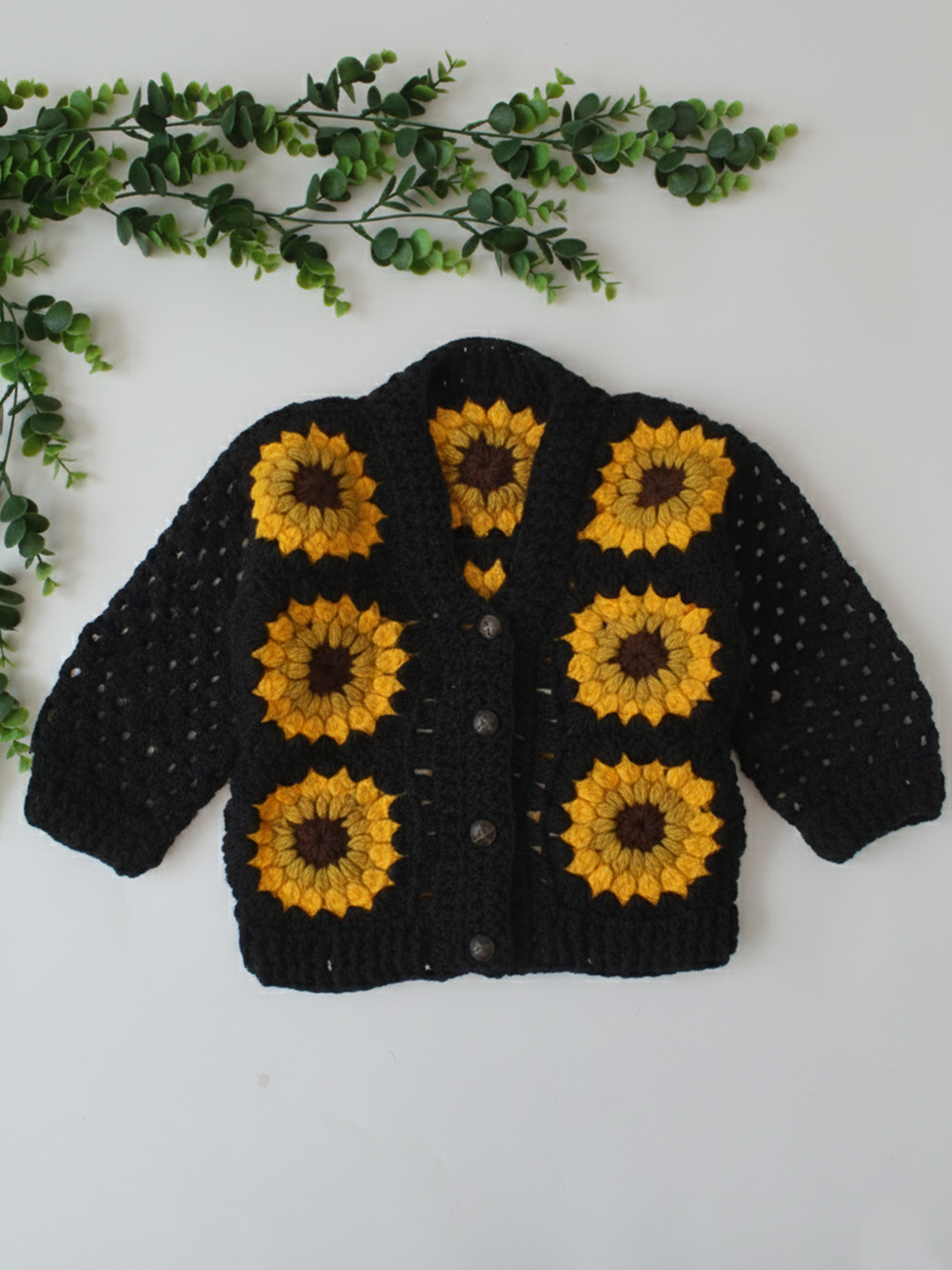 Woonie Handknitted Full Sleeves Sunflower Design Cardigan - Black
