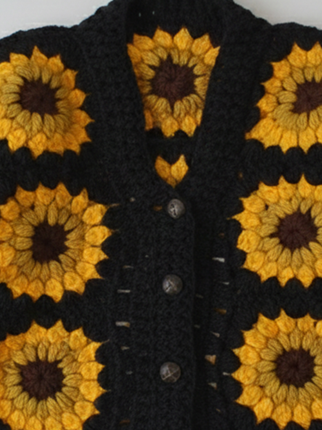 Woonie Handknitted Full Sleeves Sunflower Design Cardigan - Black