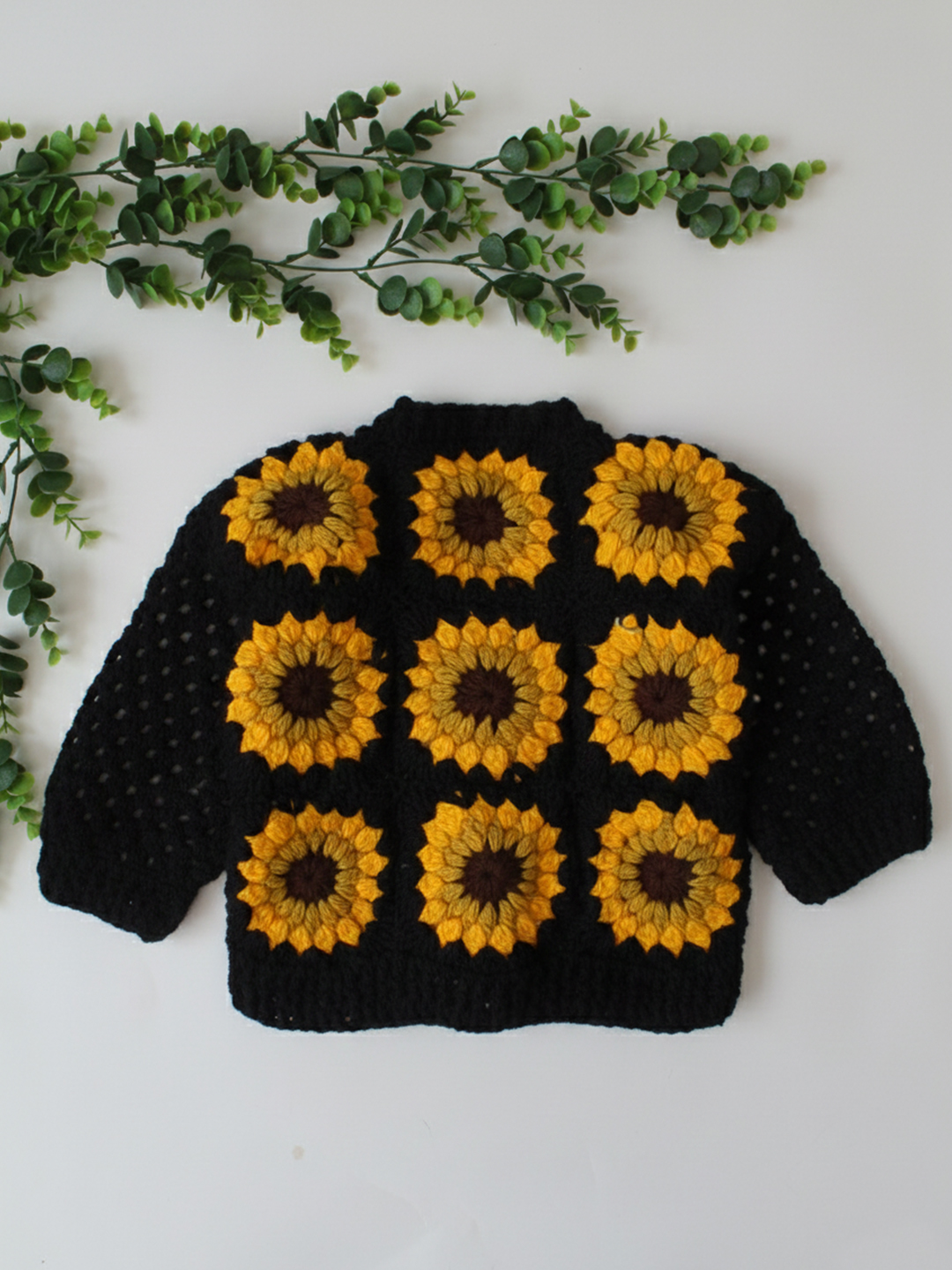 Woonie Handknitted Full Sleeves Sunflower Design Cardigan - Black