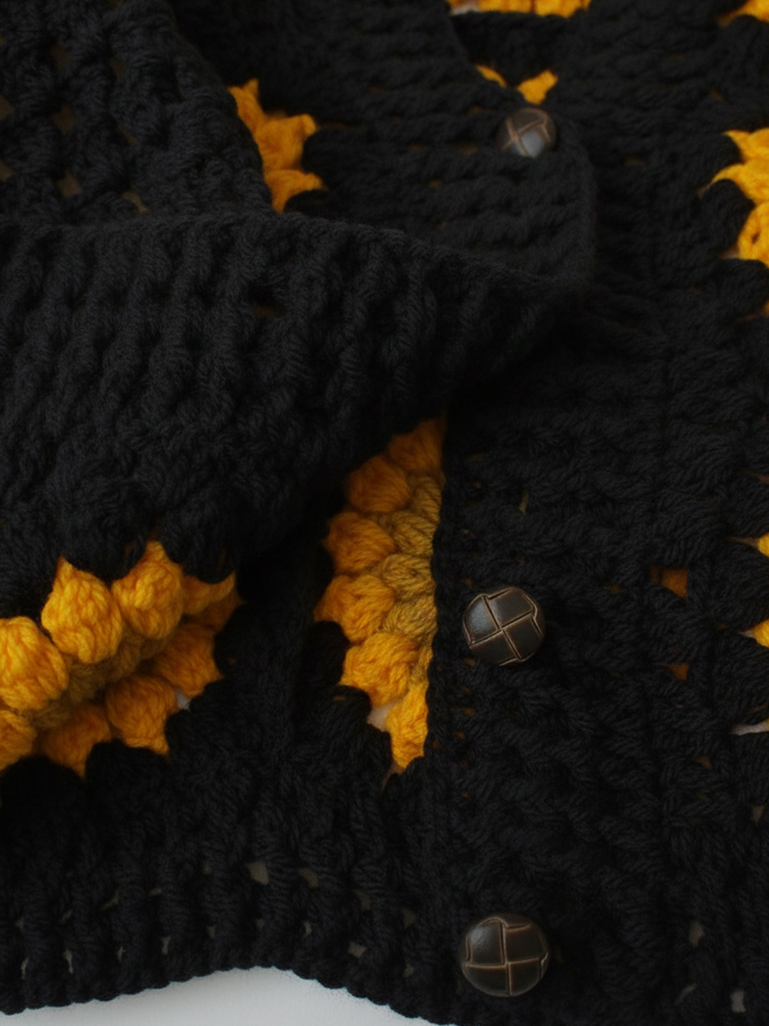 Woonie Handknitted Full Sleeves Sunflower Design Cardigan - Black