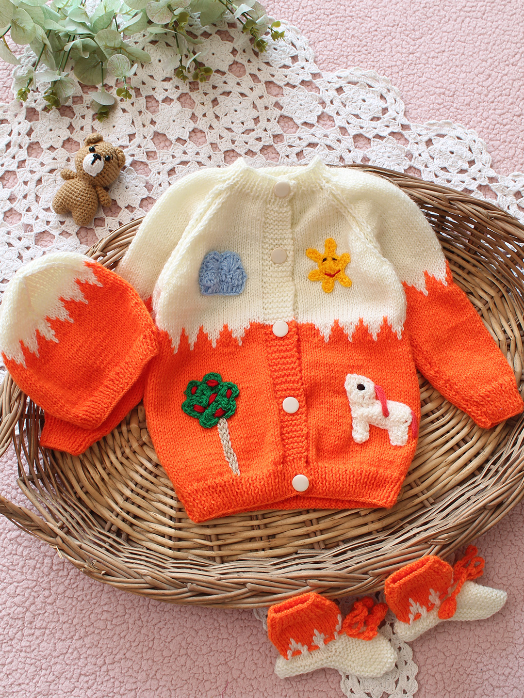 Woonie Handknitted Appliques Sweater with Cap & Socks - Orange