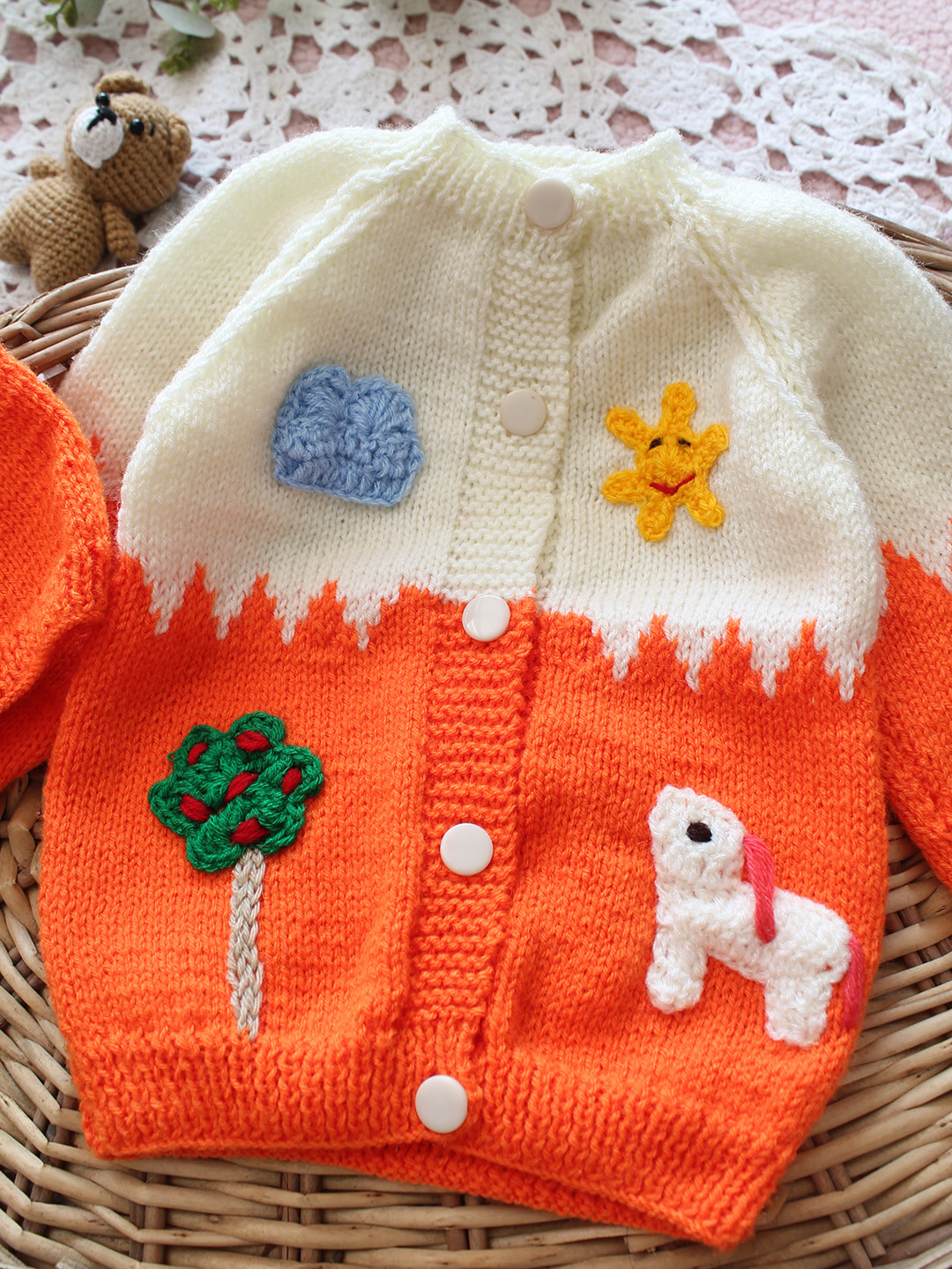 Woonie Handknitted Appliques Sweater with Cap & Socks - Orange