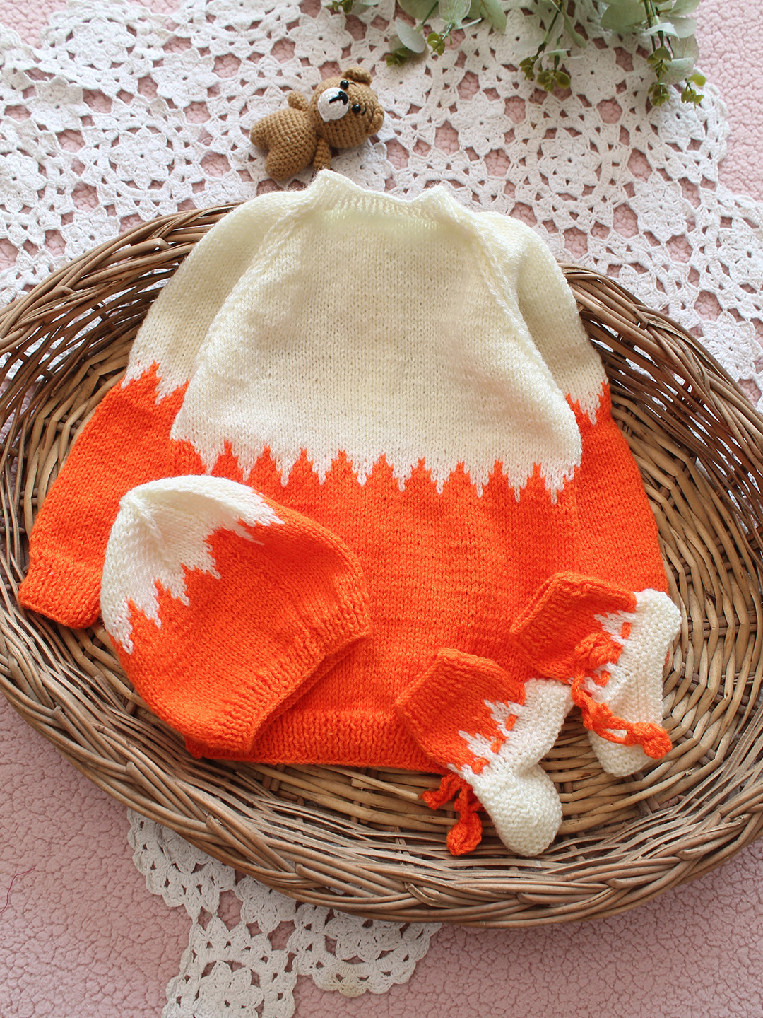Woonie Handknitted Appliques Sweater with Cap & Socks - Orange