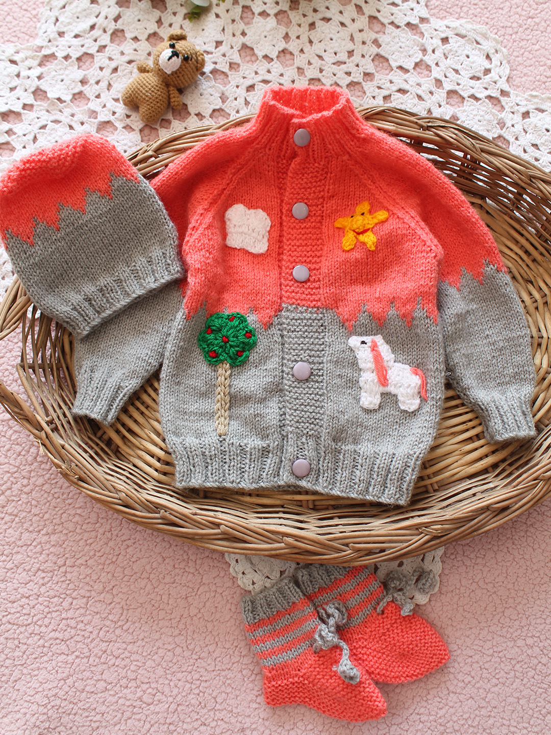 Handmade Baby Wool Sweater with Cap & Socks - Light Grey