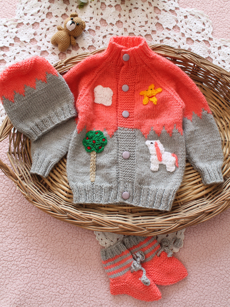 Image of Handmade Baby Wool Sweater with Cap &amp; Socks - Light Grey
