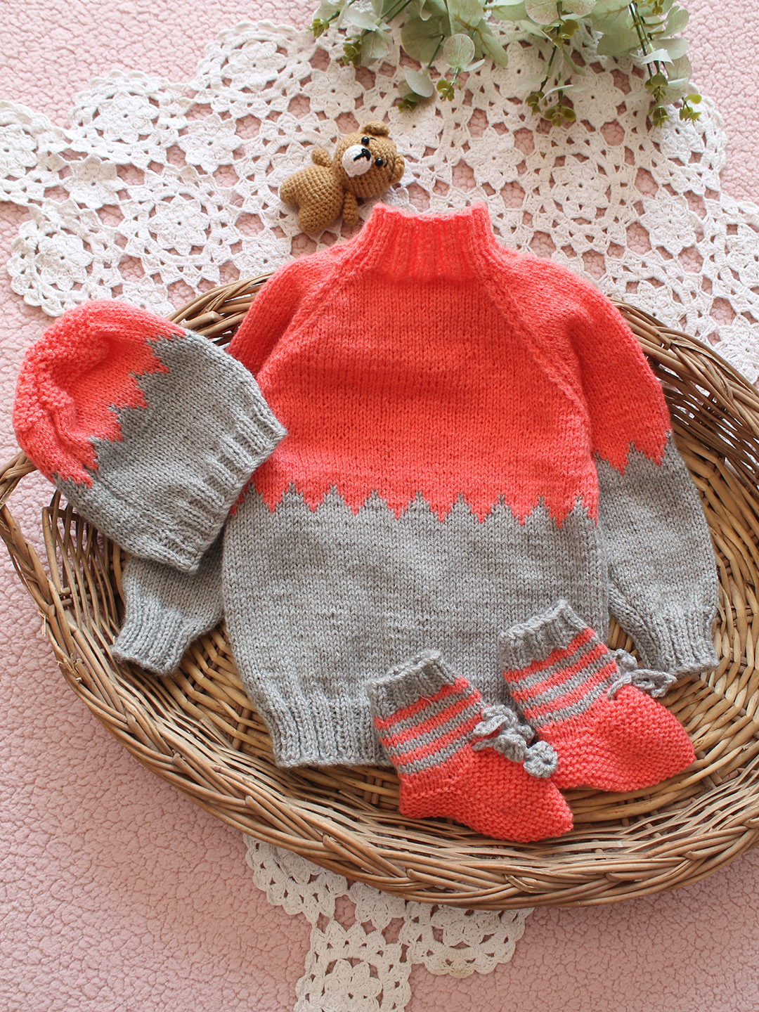 Handmade Baby Wool Sweater with Cap & Socks - Light Grey