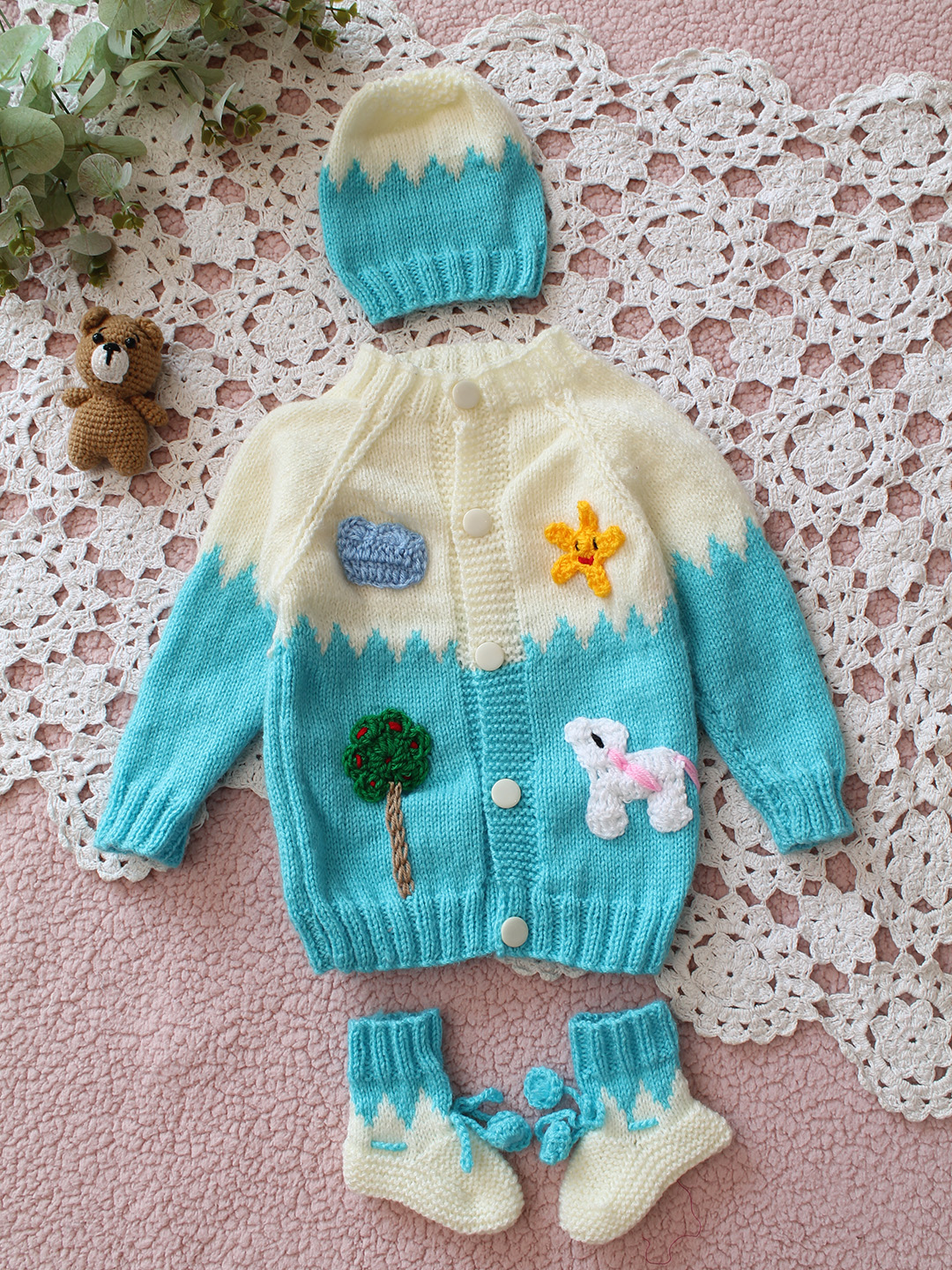 Woonie Handknitted Appliques Sweater with Cap & Socks - Sky Blue