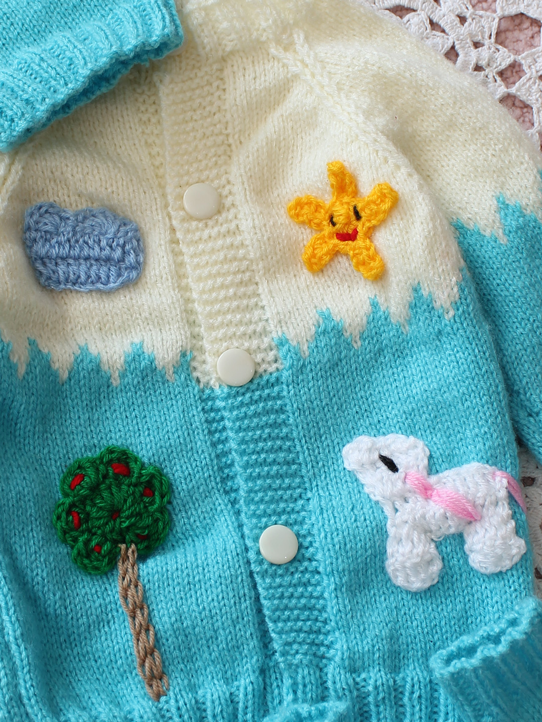 Woonie Handknitted Appliques Sweater with Cap & Socks - Sky Blue