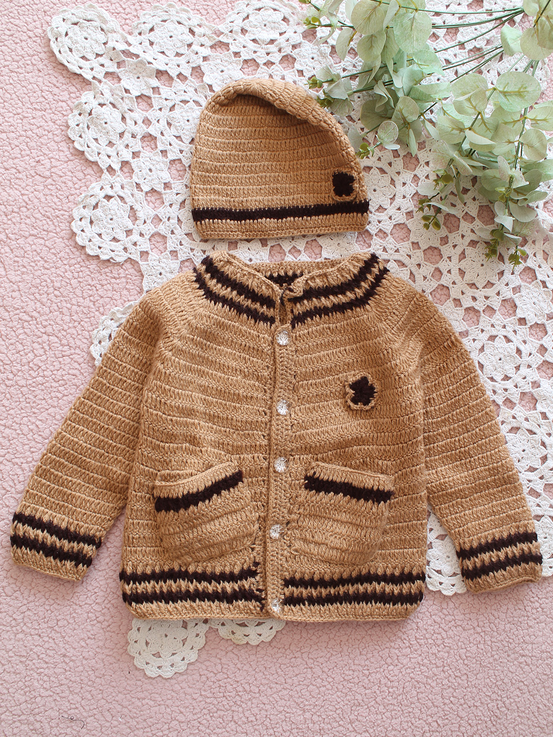 Newborn Hand Knitted Sweater with Cap - Beige