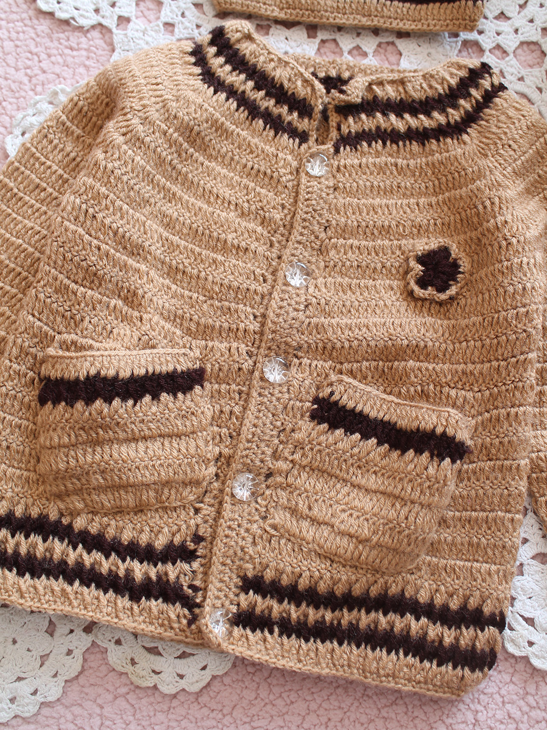 Newborn Hand Knitted Sweater with Cap - Beige