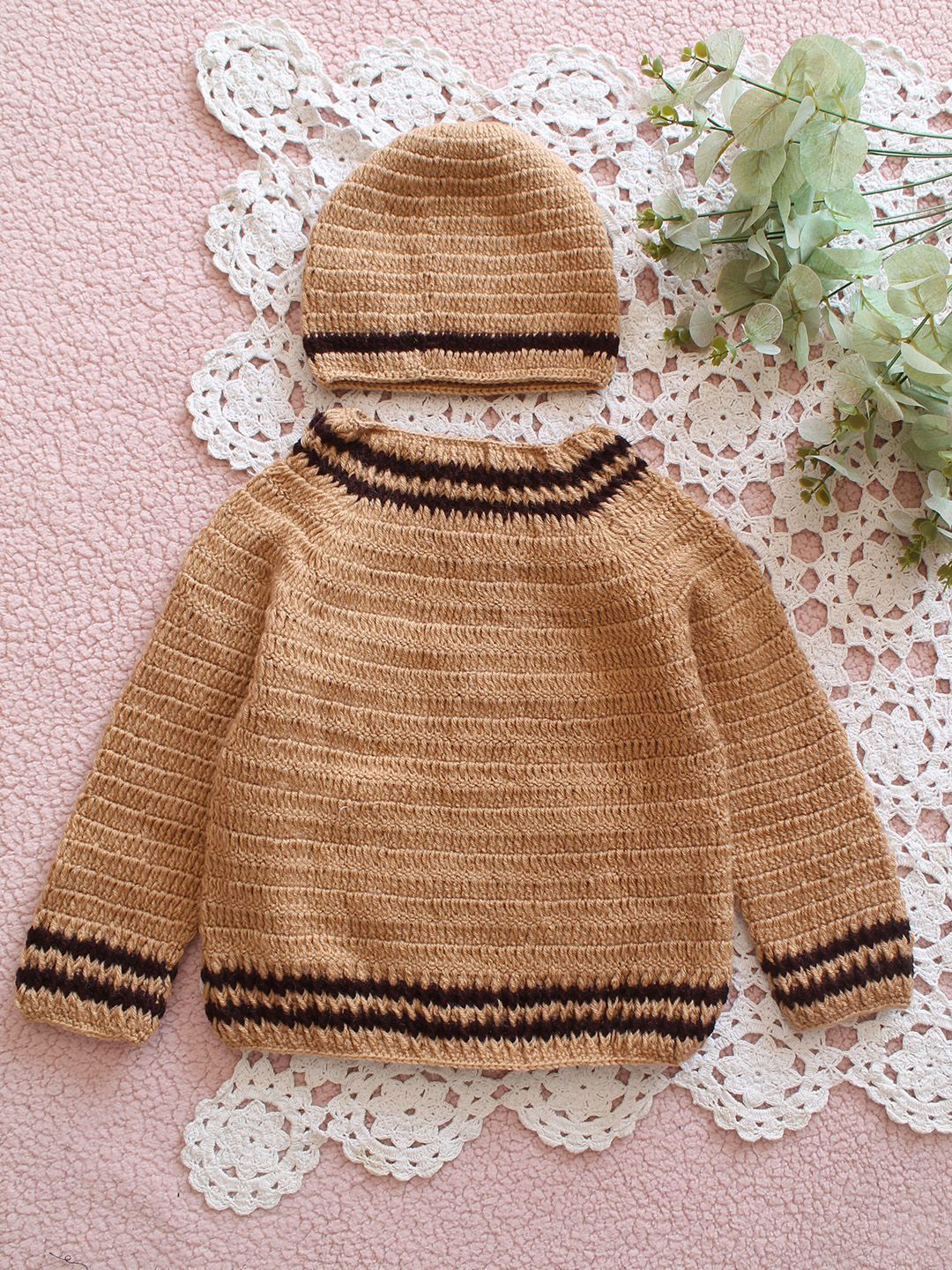 Newborn Hand Knitted Sweater with Cap - Beige