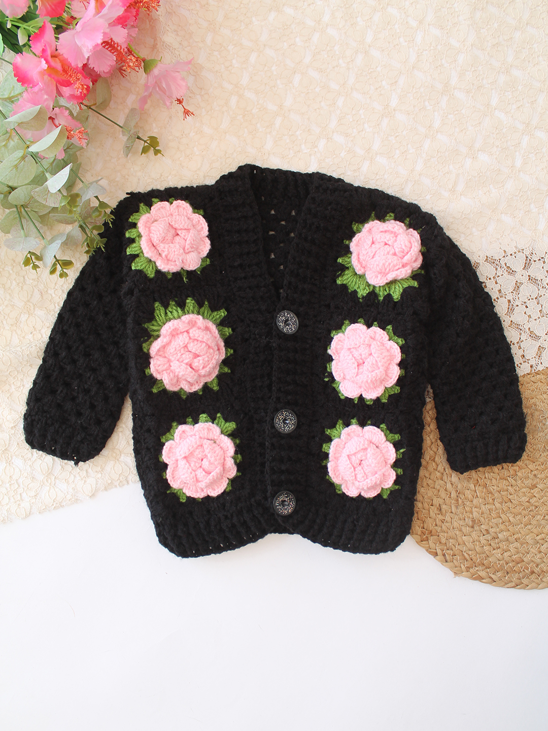 Crochet Rose Detailed Sweater - Black