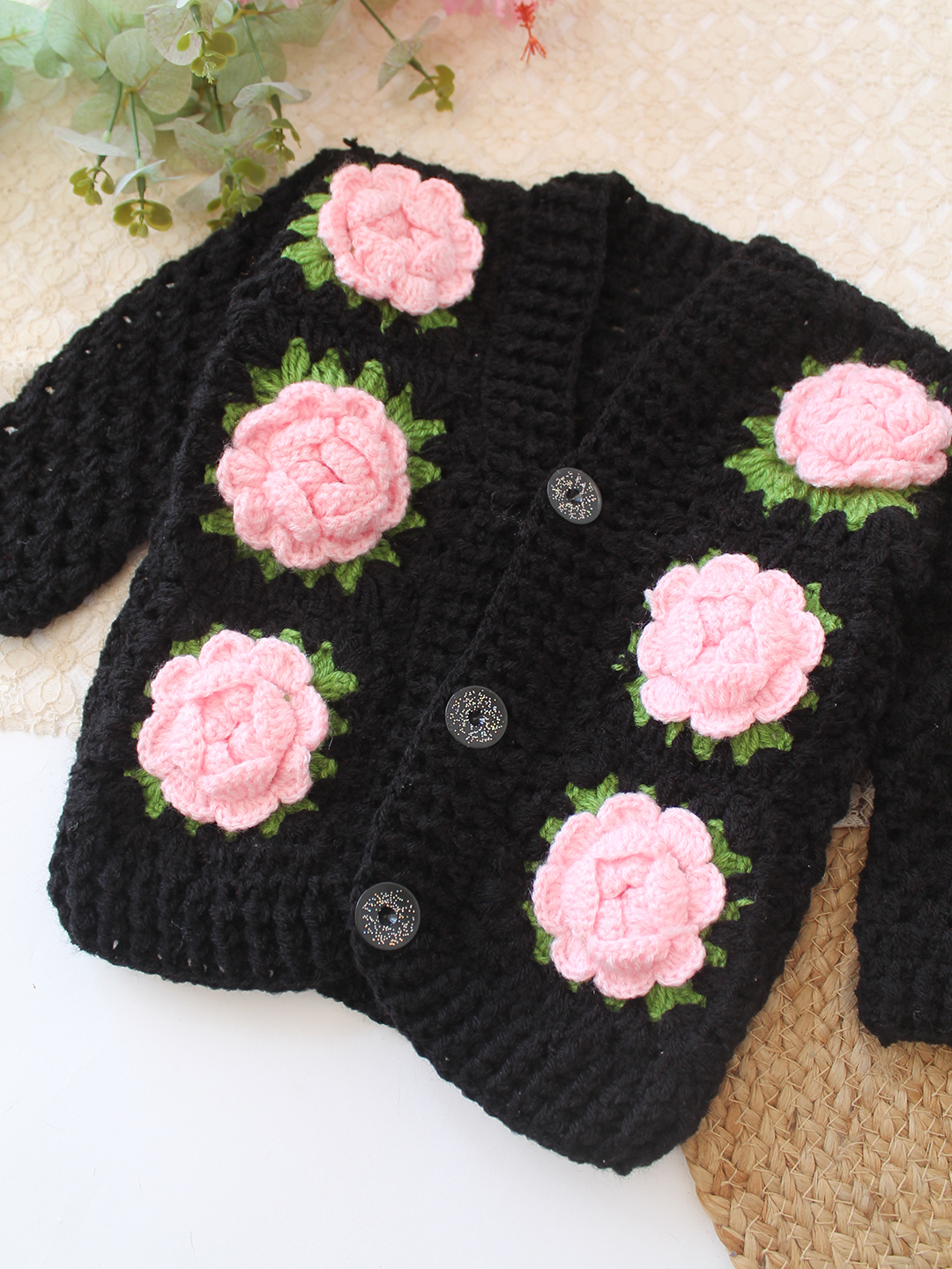 Crochet Rose Detailed Sweater - Black