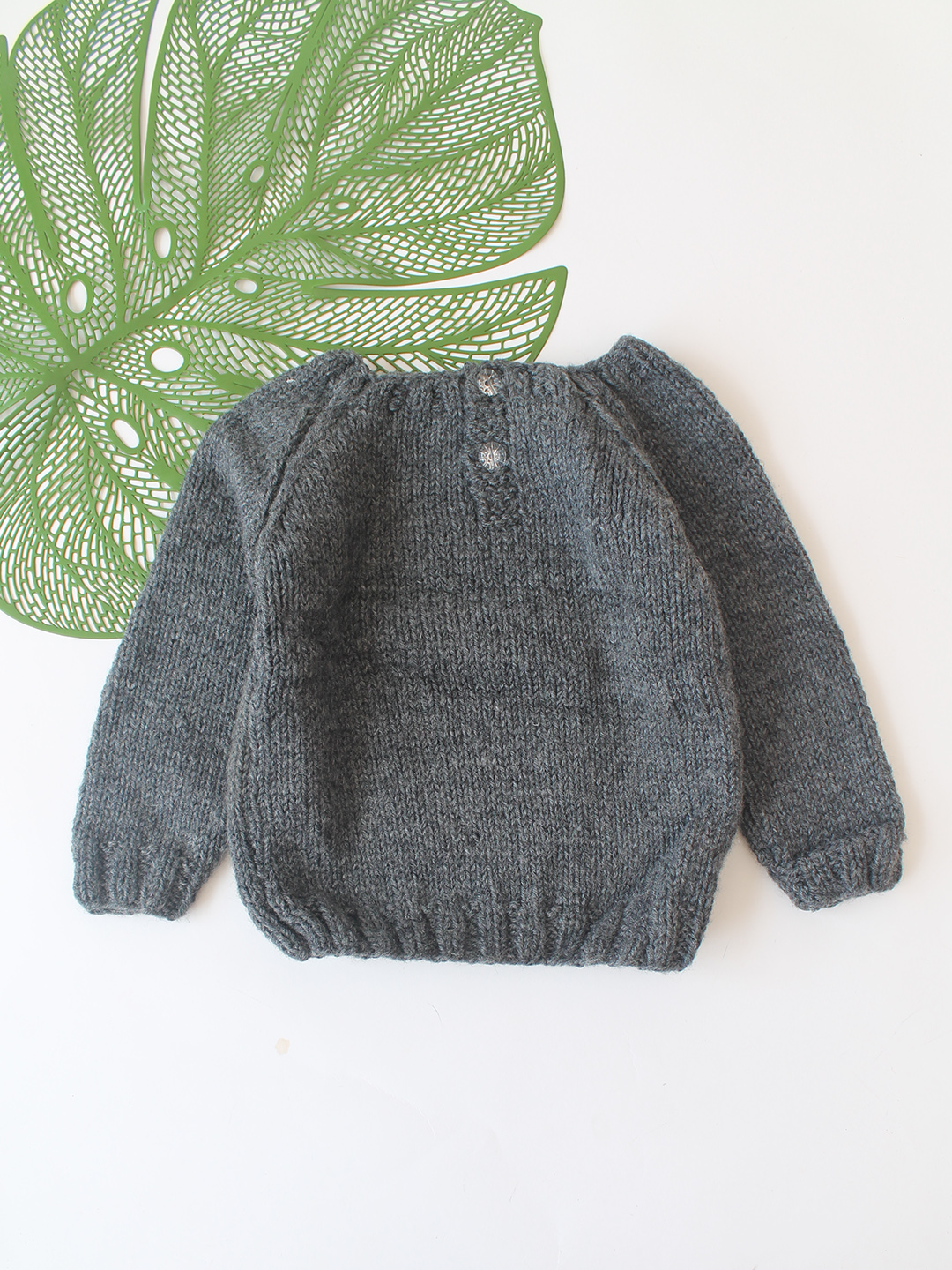 Handknitted woolen Full Sleeves Santa Detailing Back Snap Button Sweater-Grey