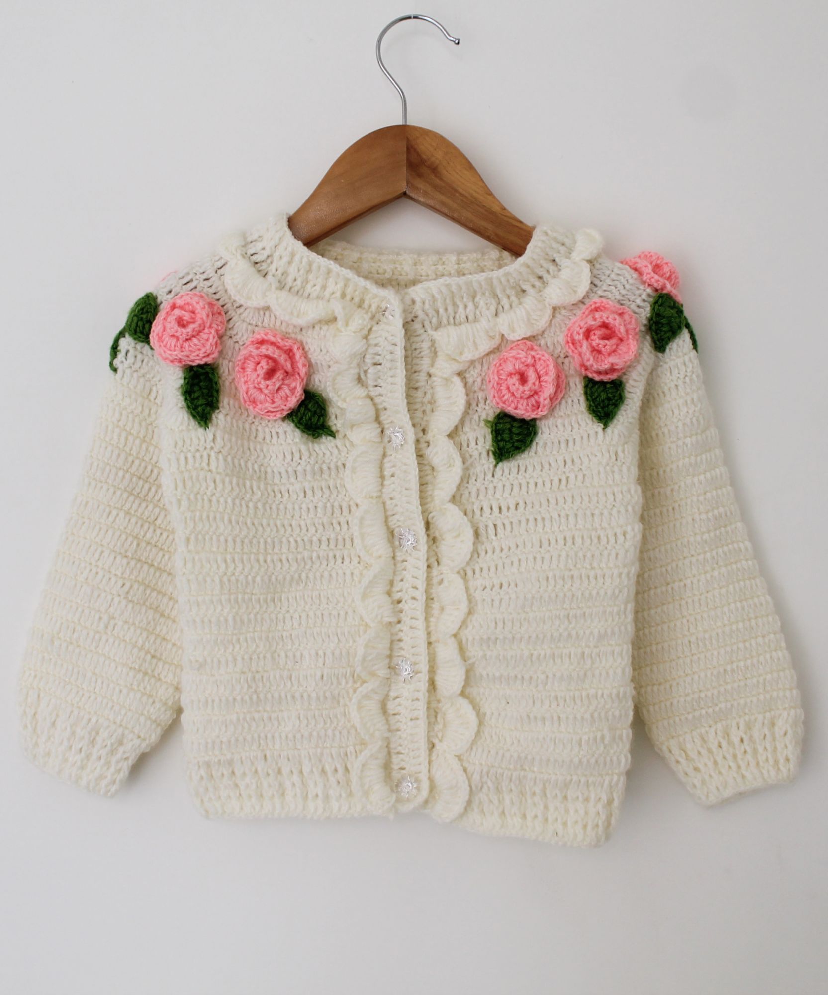 Woonie Full Sleeves Floral Design Handmade Sweater - Cream