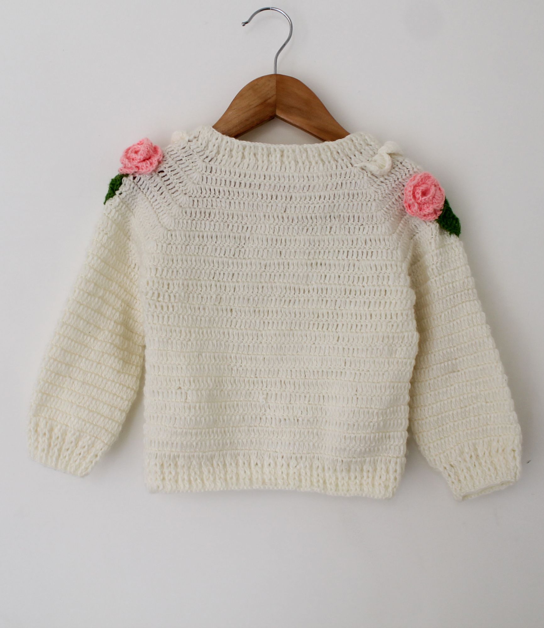 Woonie Full Sleeves Floral Design Handmade Sweater - Cream