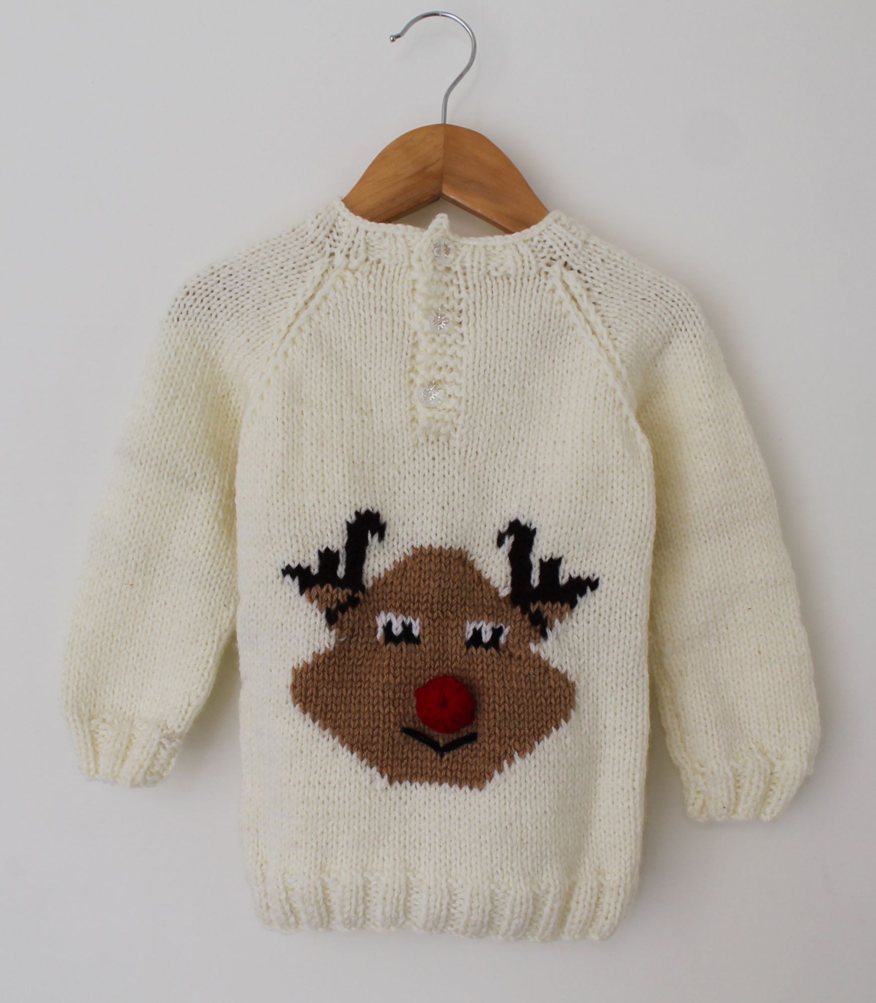 Woonie Full Sleeves Reindeer Design Handmade Sweater - Cream