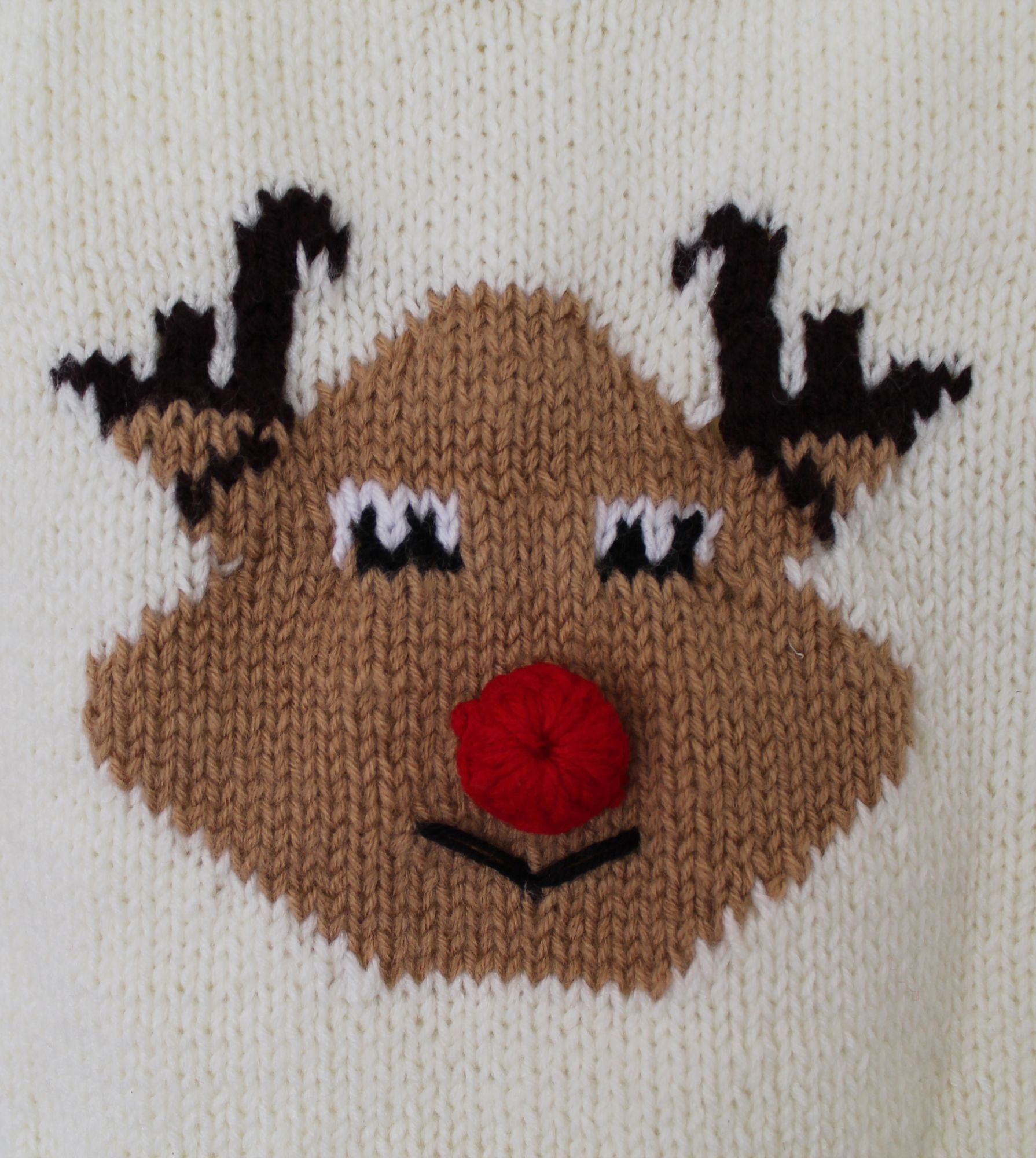 Woonie Full Sleeves Reindeer Design Handmade Sweater - Cream