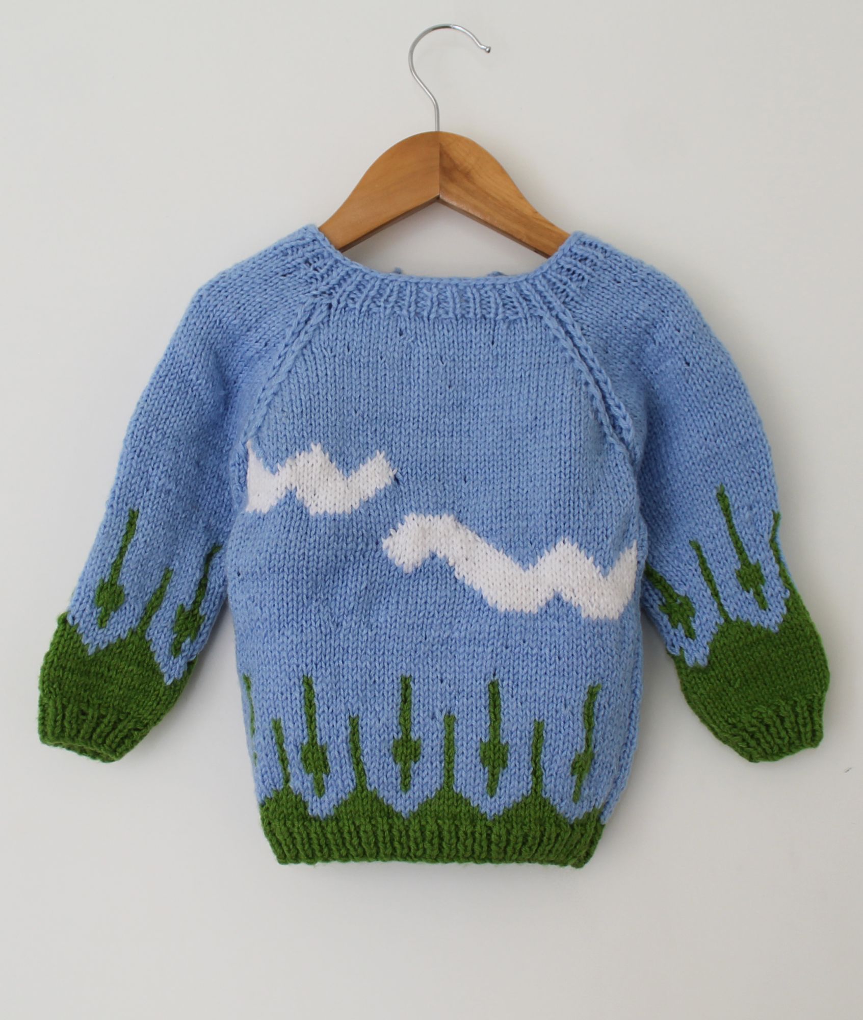 Woonie Full Sleeves Landscape Patterm Handmade Sweater - Blue