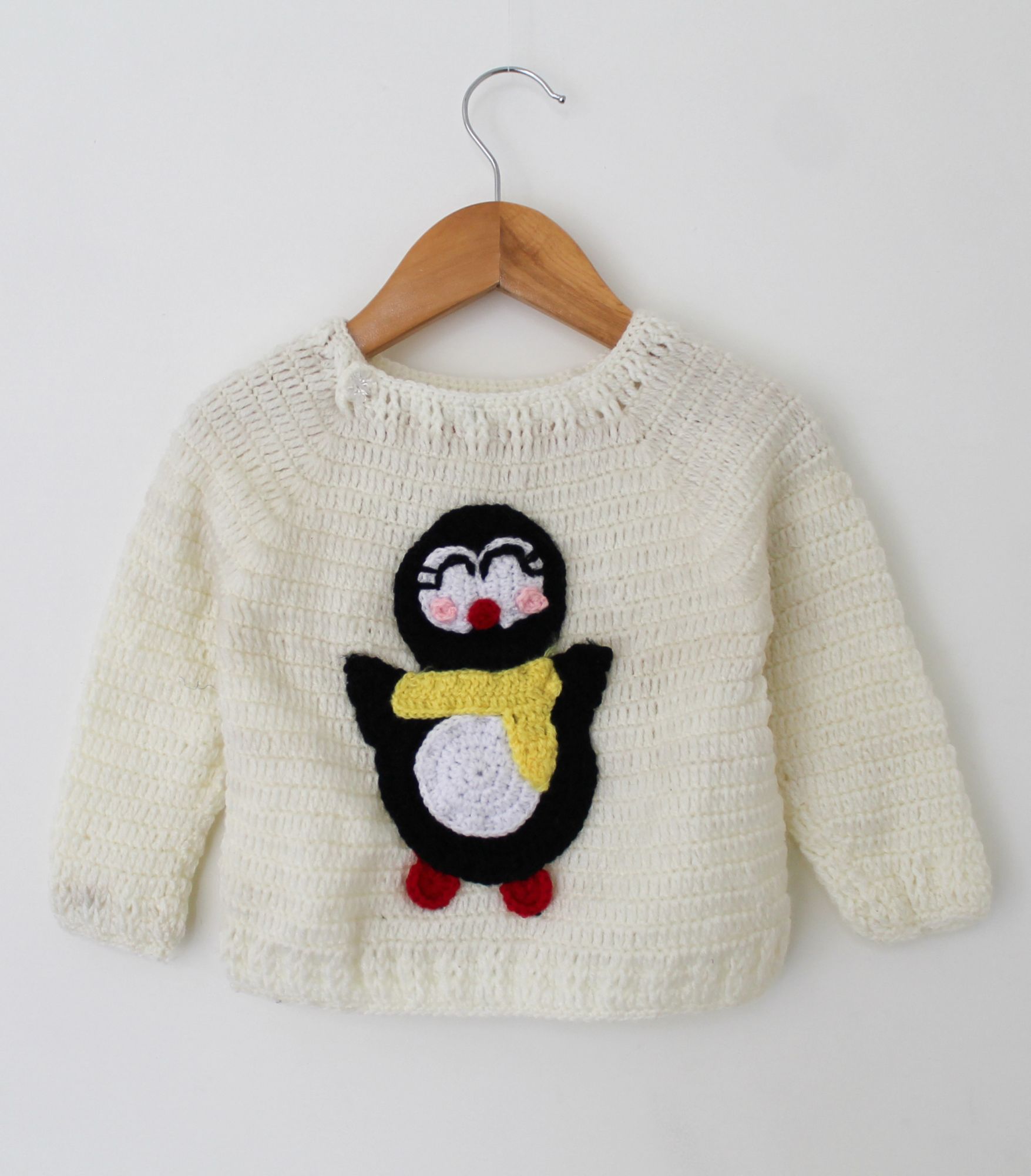 Woonie Full Sleeves Penguin Applique Handmade Sweater - Cream