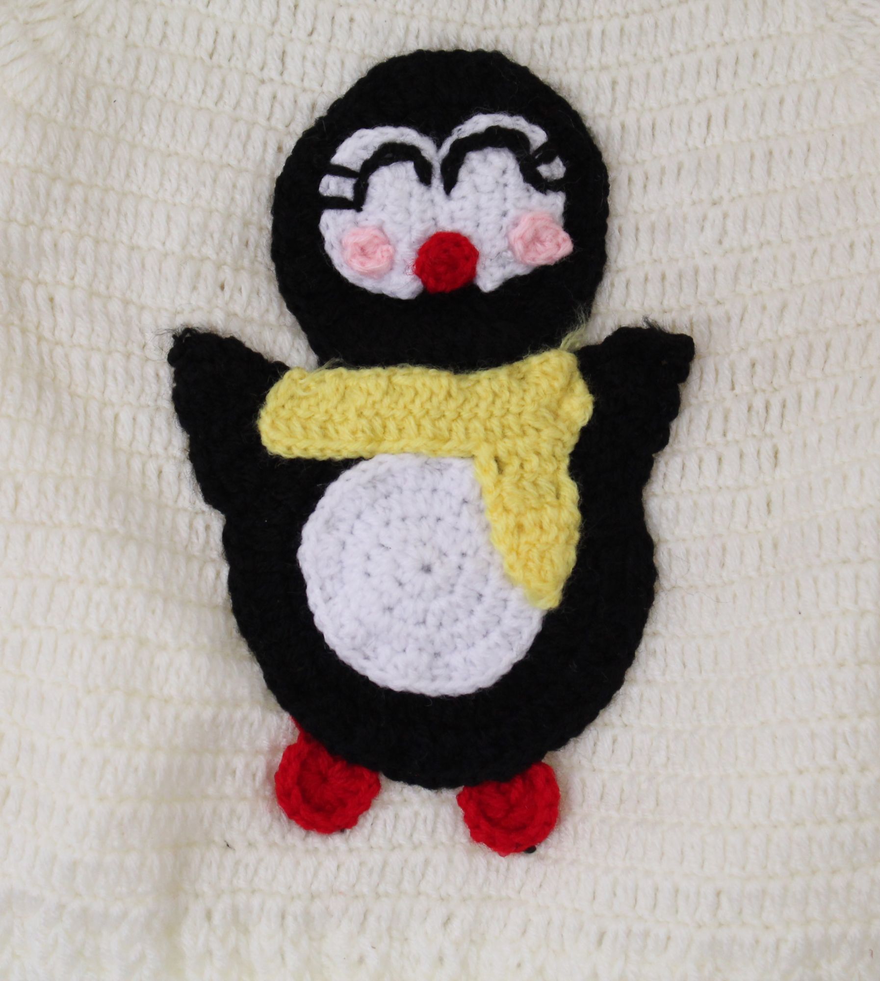 Woonie Full Sleeves Penguin Applique Handmade Sweater - Cream