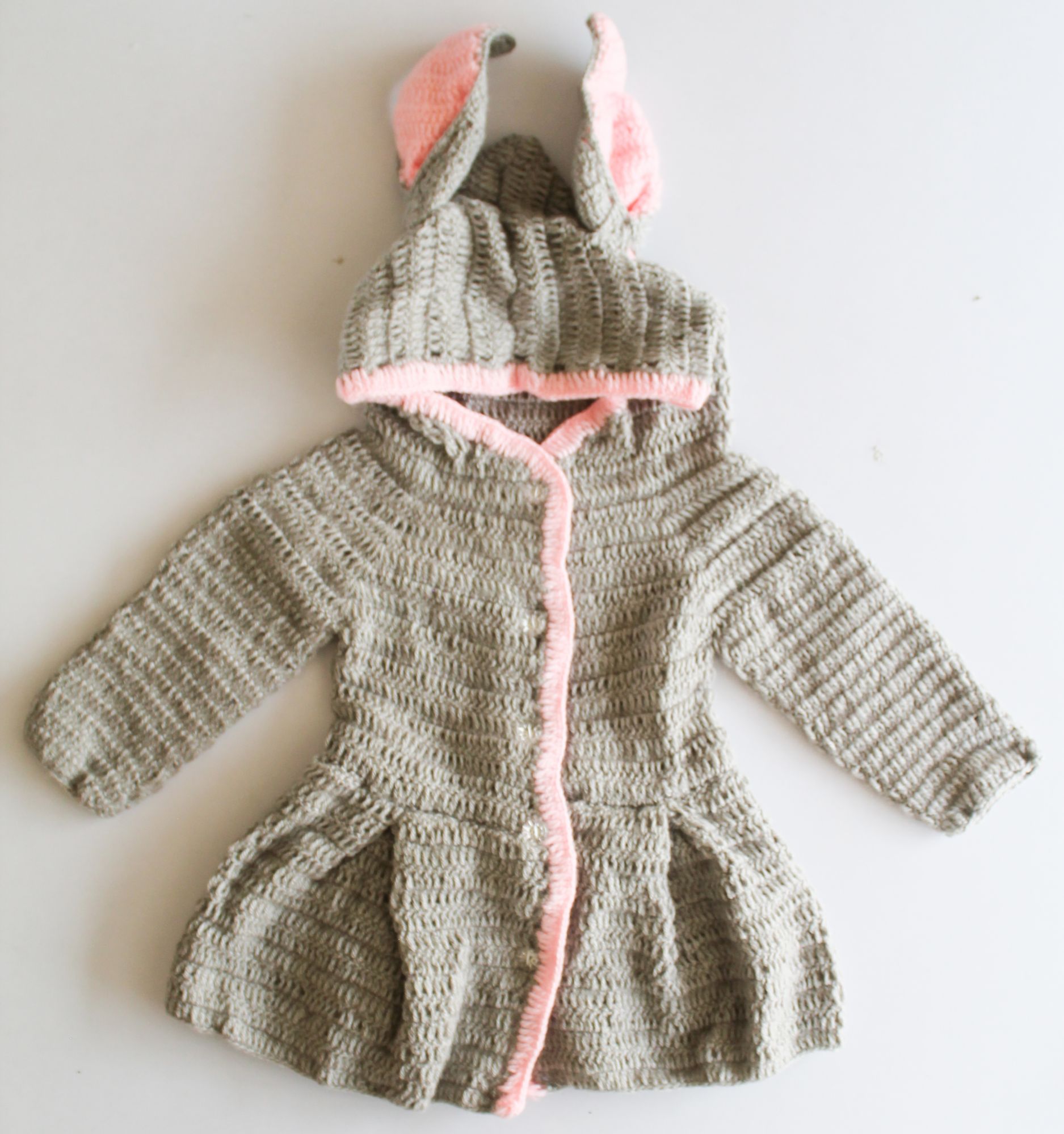Woonie Full Sleeves Bunny Ears Applique Hooded Dress - Grey