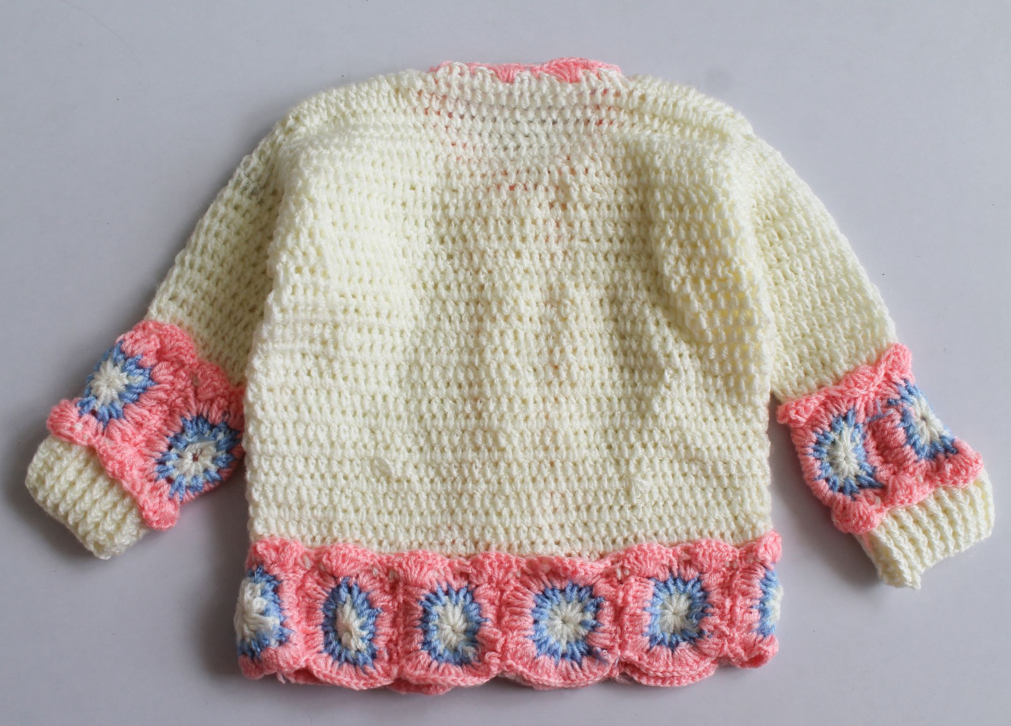 Woonie Full Sleeves Floral Detailing Handmade Sweater With Cap & Booties - Cream
