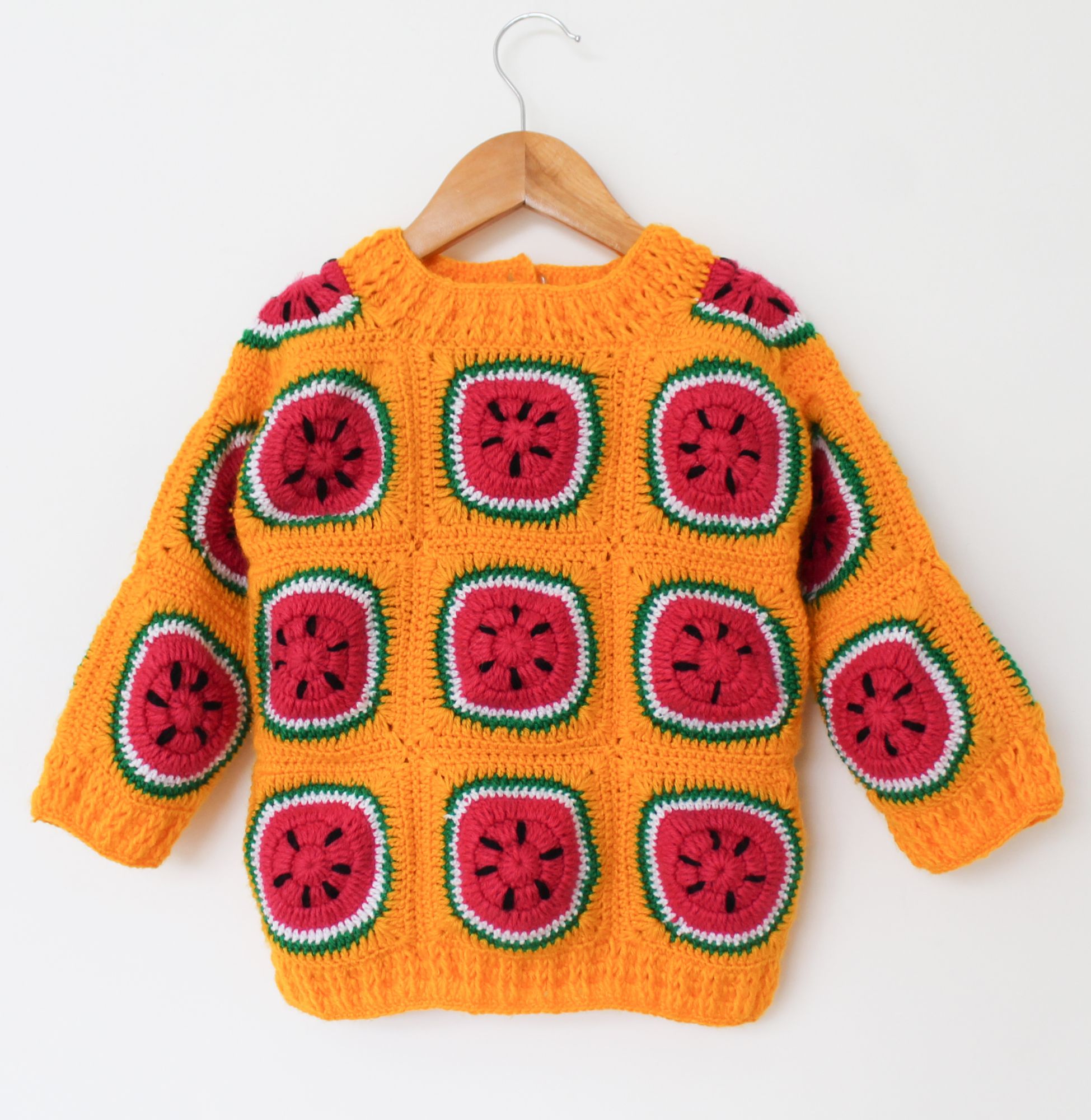 Woonie Full Sleeves Watermelon Design Handmade Sweater - Orange