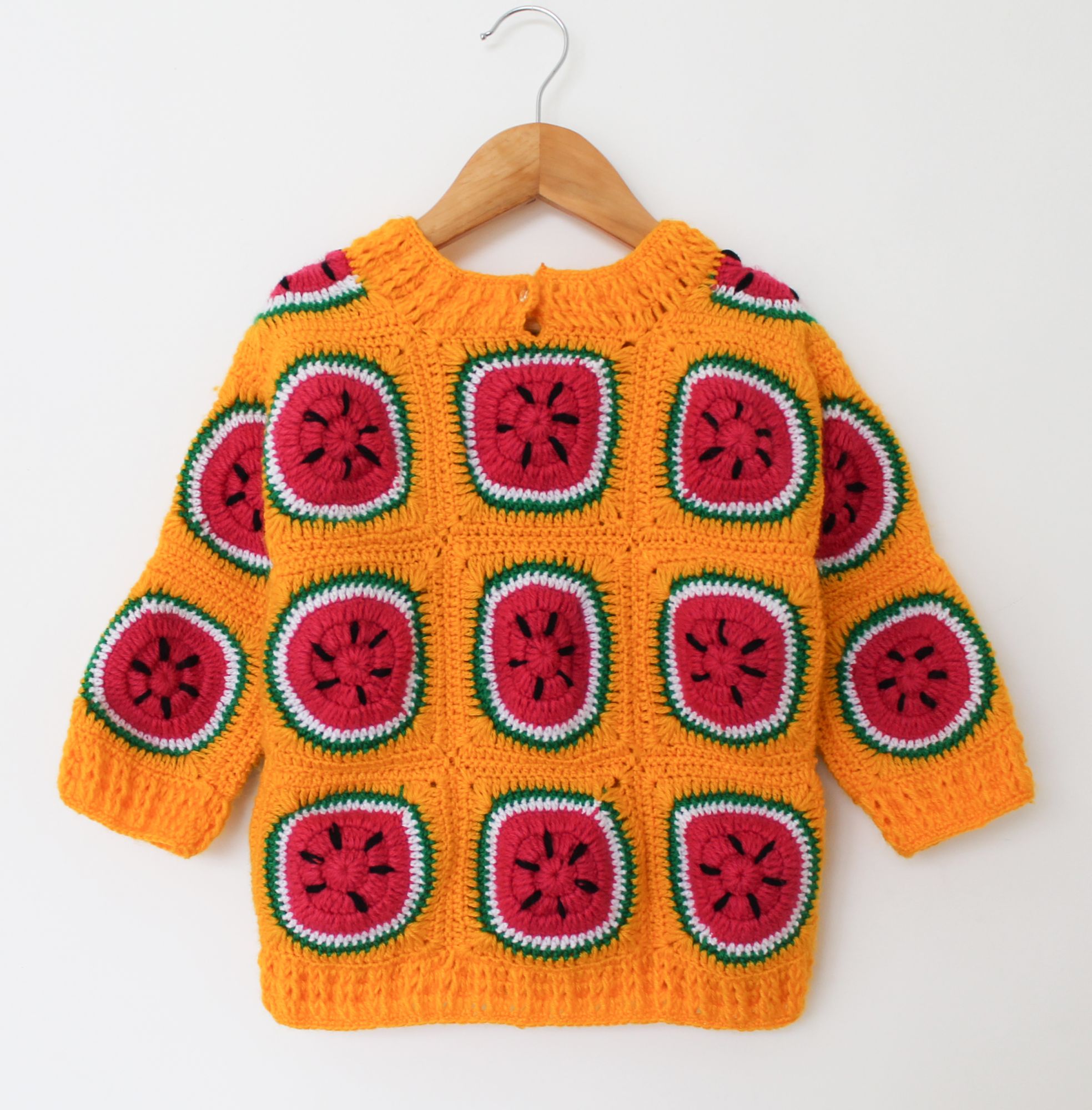 Woonie Full Sleeves Watermelon Design Handmade Sweater - Orange